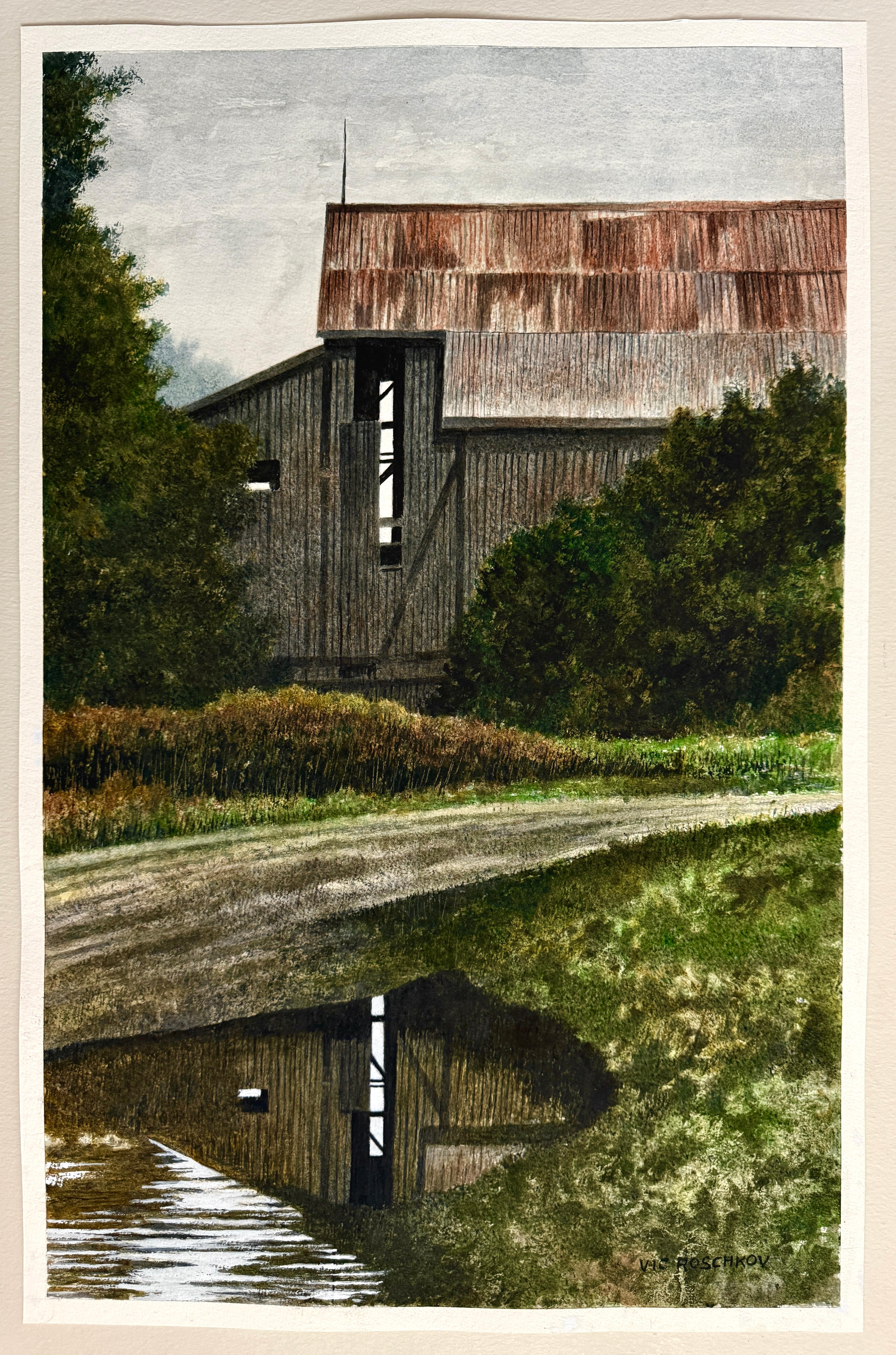 <p>Commenti dell'artista<br>Un fienile si trova all'angolo di una strada sterrata, catturando la tranquilla poesia della vita rurale. Riflessa nell'acqua immobile sottostante, la struttura, con le sue texture e i suoi toni tenui, evoca un senso di