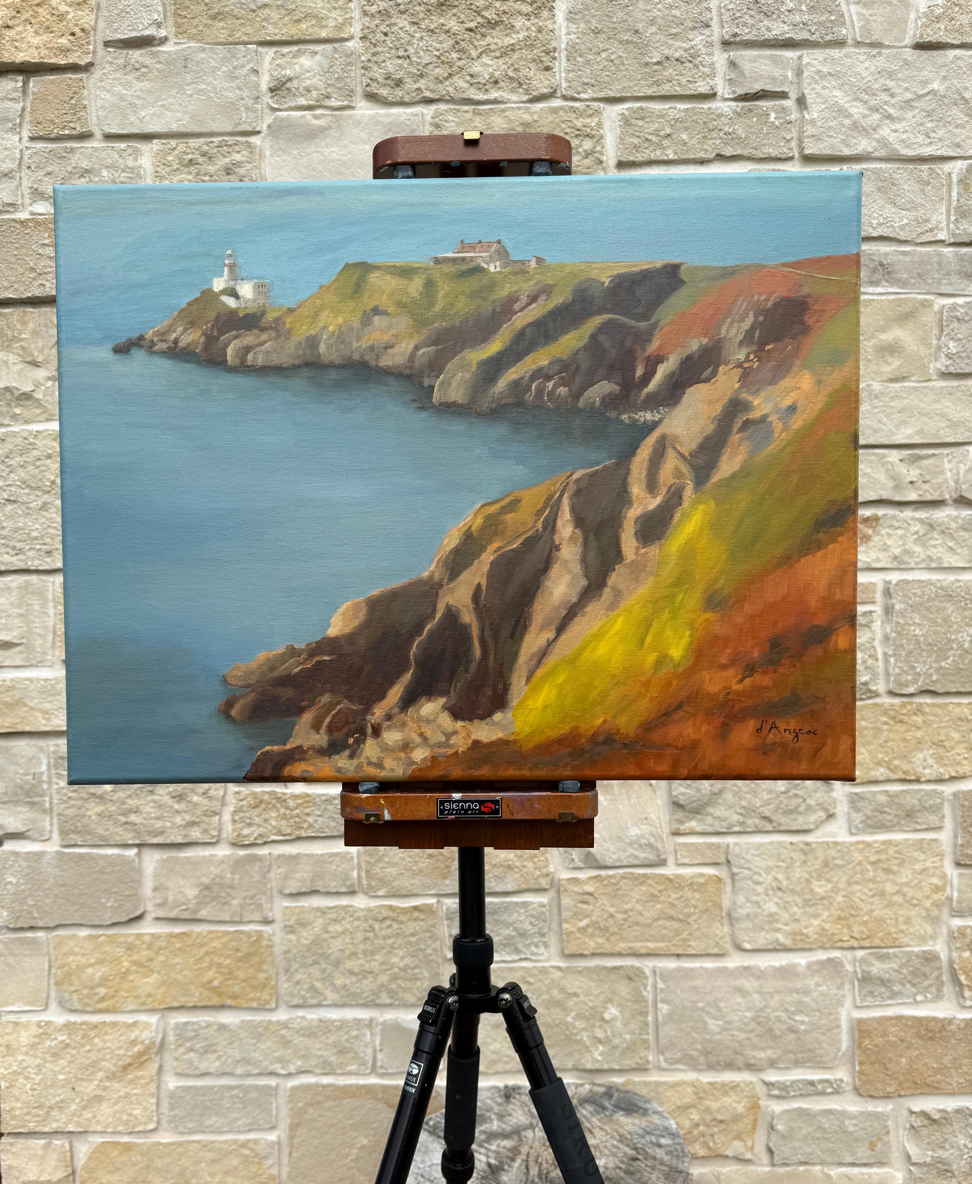<p>Artist Comments<br>This painting presents a tranquil coastal view where textured cliffs rise above calm, reflective waters. A white lighthouse and red-roofed buildings perch on the rocky terrain, adding a quiet sense of place and timelessness.