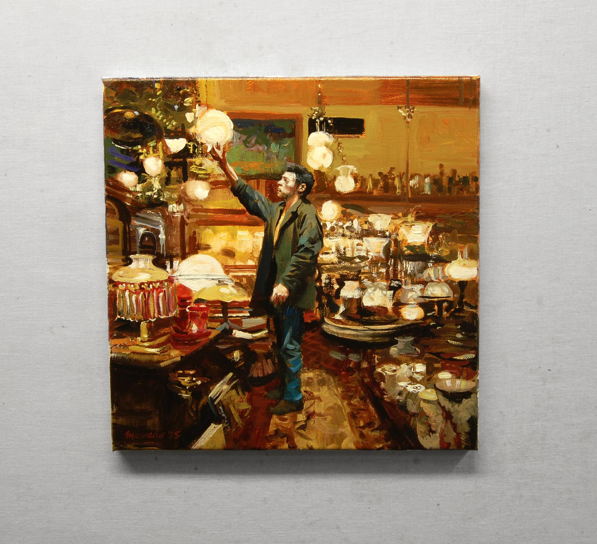<p>Artist Comments<br>A quiet moment unfolds in an antique shop where a man shopping for lamps examines a price tag in his search for the perfect decor. Artist Onelio Marrero combines initial layers with bold impasto to capture this scene. His