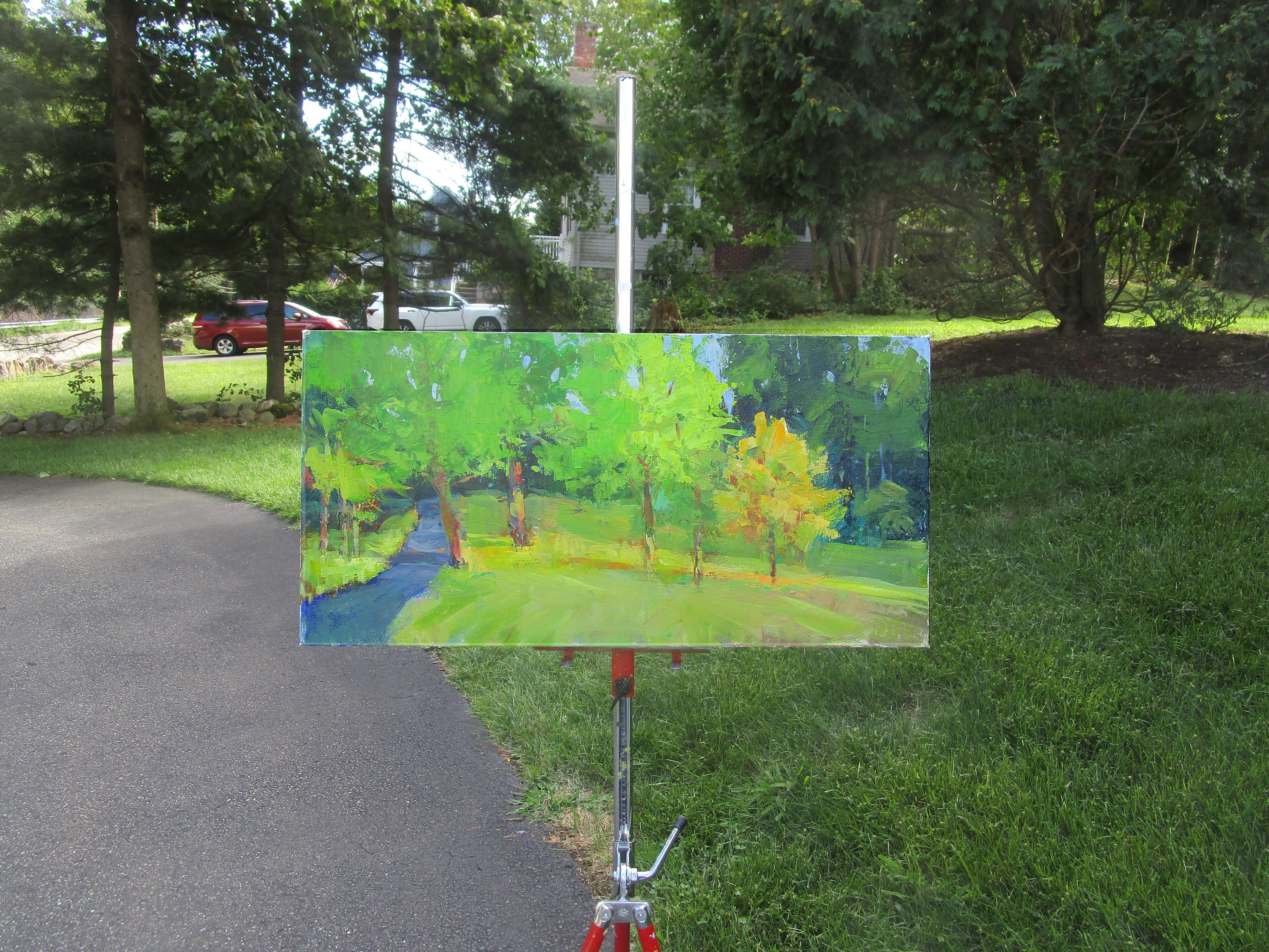 <p>Artist Comments<br>Autumn starts early in a suburban park. A ray of sunlight illuminates the landscape, casting a warm glow on the trees and grass. Painted with a palette knife and a paint brush, bold strokes convey the texture of the landscape