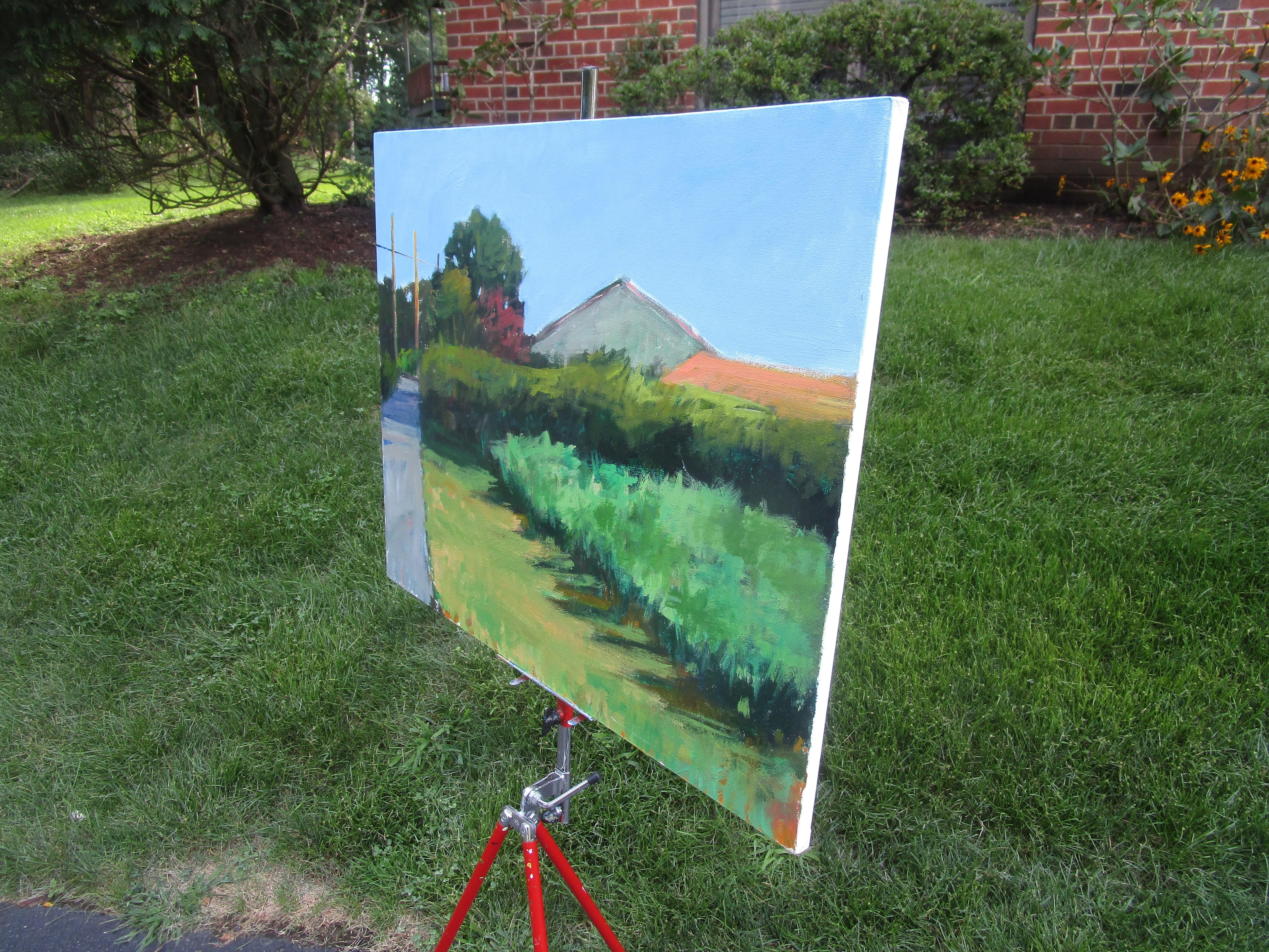 Vineyard by the House, Original Painting - Gray Landscape Painting by Janet Dyer