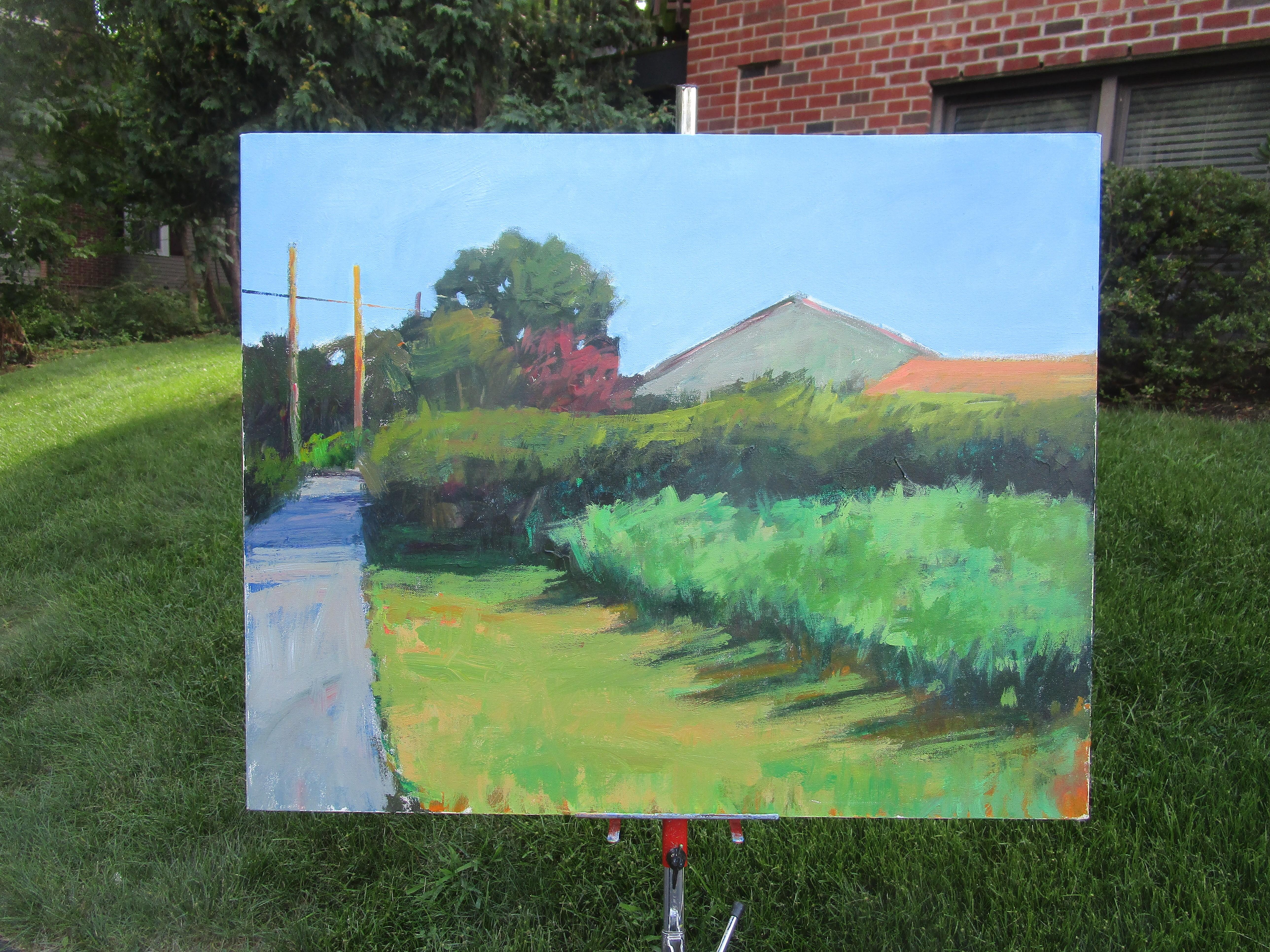 <p>Artist Comments<br>A narrow path cuts through a lush vineyard, its gray surface blending with the muted sky and highlighting the greenery. Distant roofs and poles add rural rhythm to the scene. Bold strokes from palette knife and brush convey the