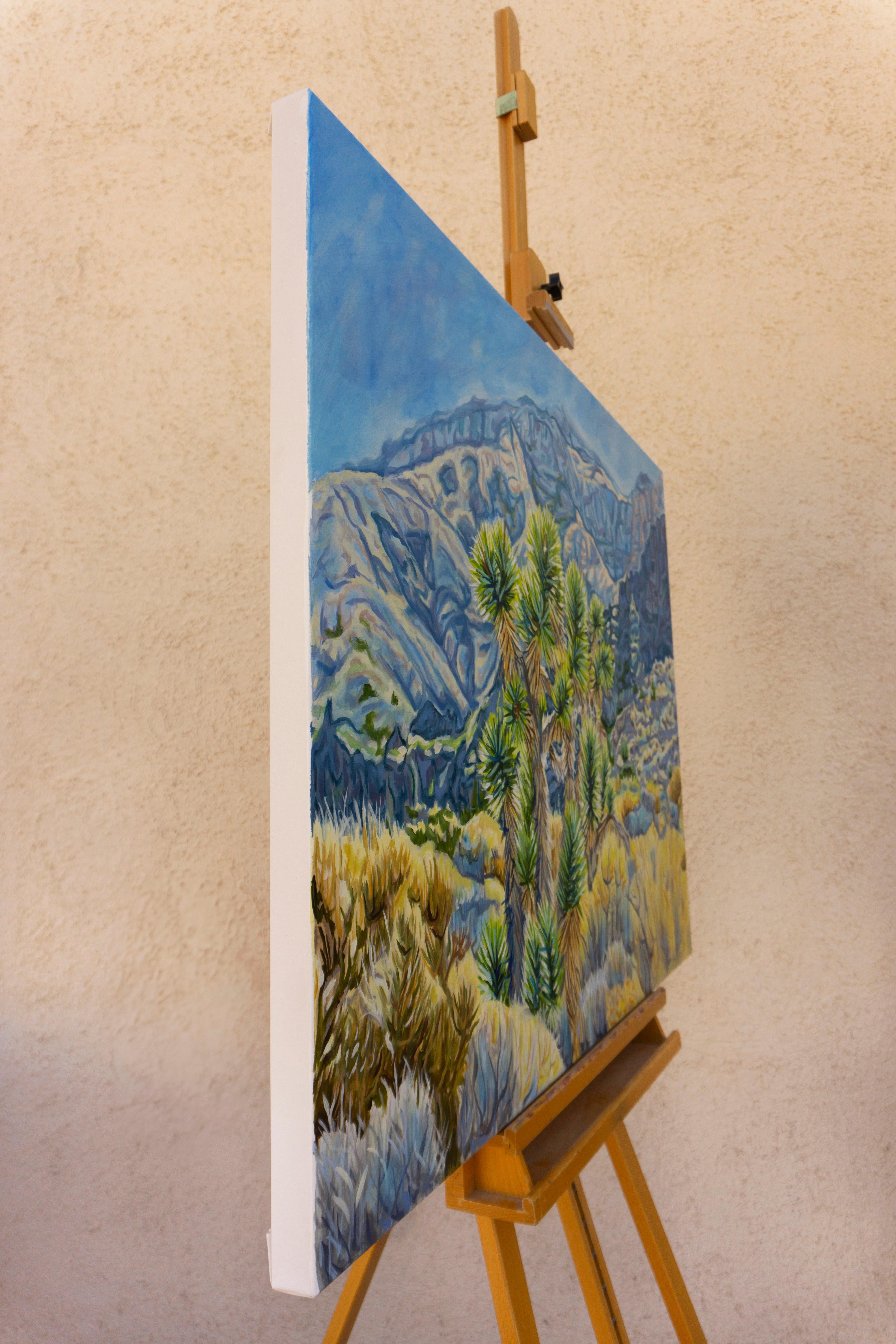 The Joshua Tree in the Canyon, Oil Painting - Gray Landscape Painting by Crystal DiPietro