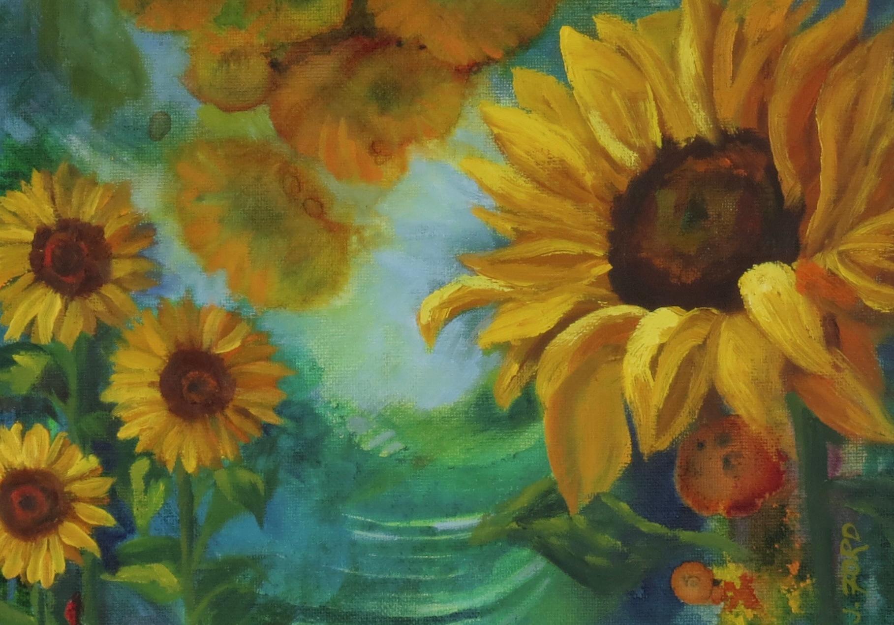 <p>Kommentare des Künstlers<br>Ein auffälliges Arrangement von Sonnenblumen blüht vor einem grünen und blauen Hintergrund. Eine strahlende Blume hebt sich von den anderen ab und bildet einen klaren Schwerpunkt. Die lebendige Komposition erinnert an