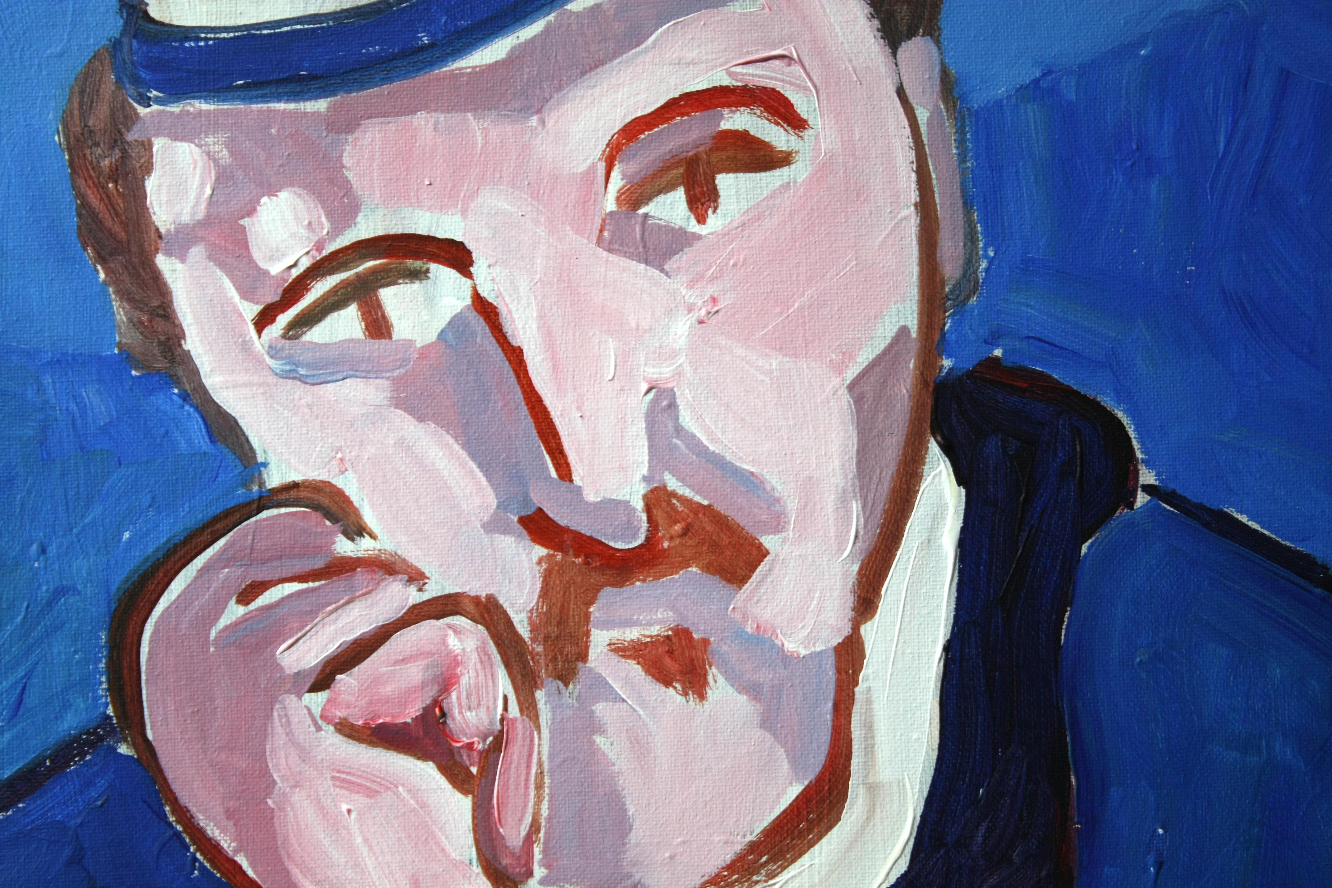 Hombre con sombrero (según Van Gogh), Pintura original - Figurative Painting Azul de Robert Hofherr