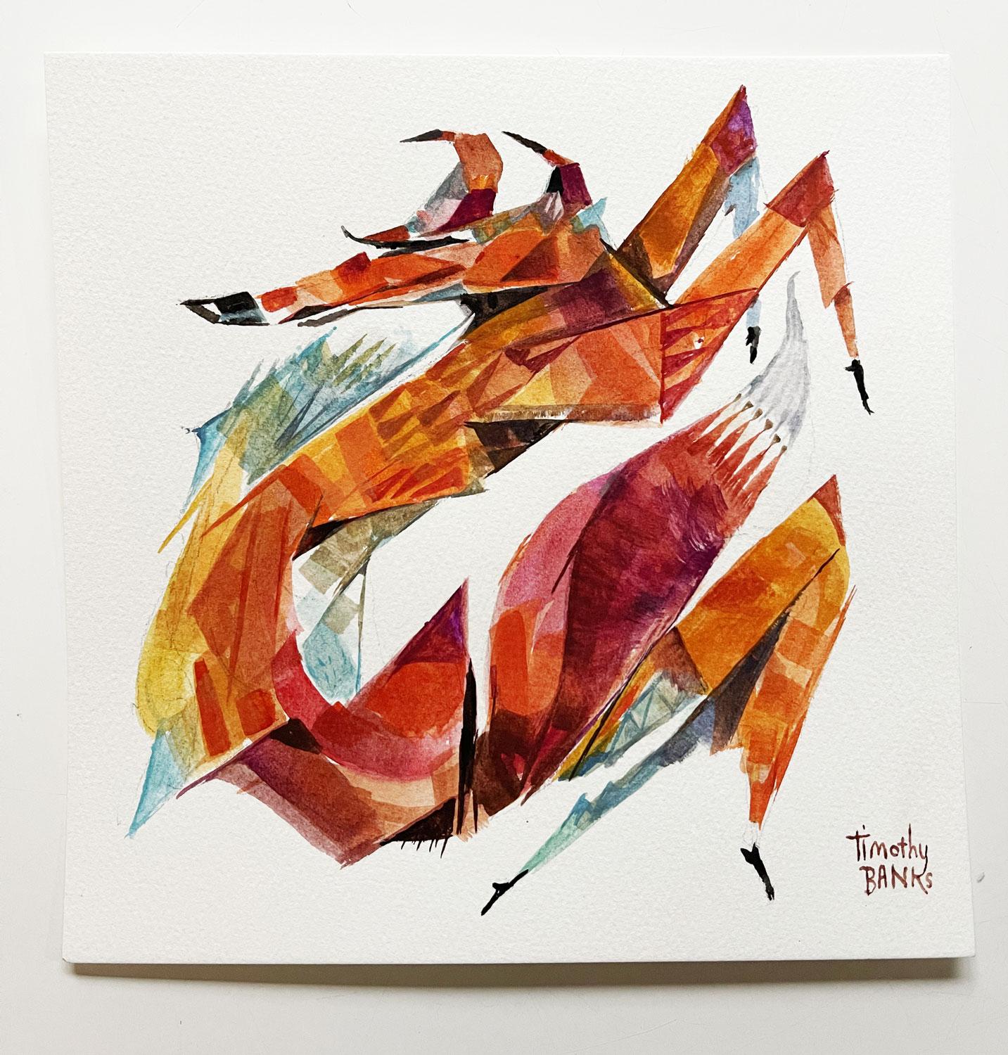 <p>Commenti dell'artista<br>Una volpe colta nel bel mezzo di un salto prende vita con macchie di rosso, oro e viola. Costruito con lavaggi stratificati e forme spontanee, il dipinto suggerisce l'energia e la fuga dell'animale. In parte fiamma e in
