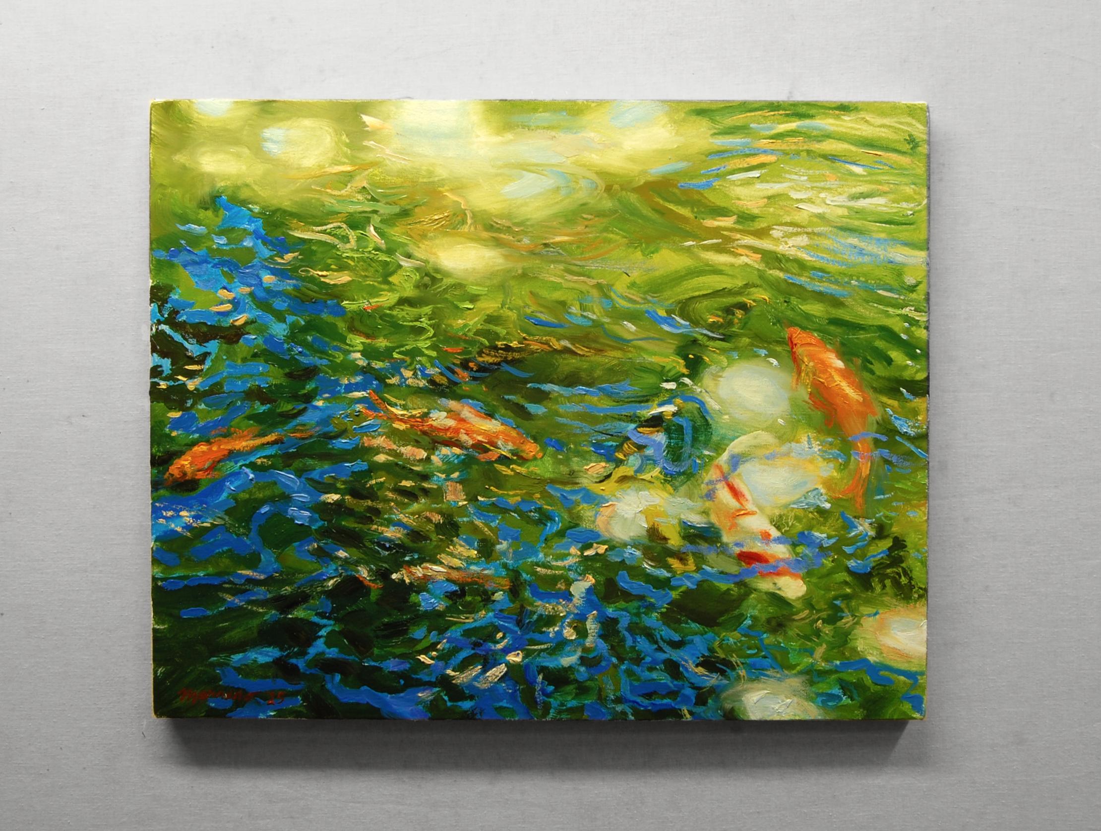 <p>Commentaires de l'artiste<br>Les rayons du soleil dansent sur un étang où des carpes koï nagent juste sous la surface. De légères ondulations et des reflets reflètent leurs mouvements insouciants pendant qu'ils se nourrissent, tandis que la