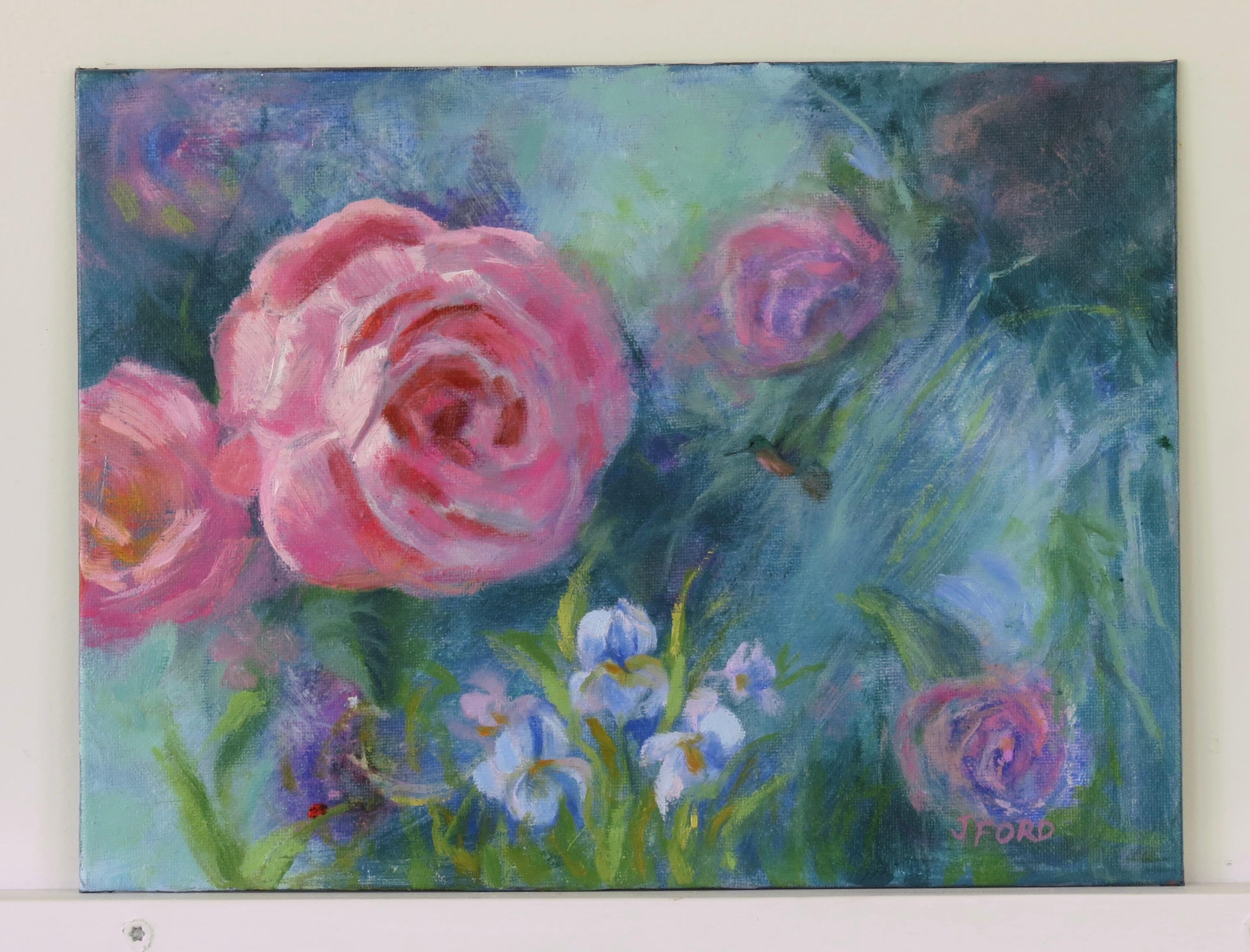 <p>Commentaires de l'artiste<br>Des roses roses vibrantes et des iris violets se détachent sur un fond bleu sarcelle. Des coups de pinceau doux et fluides suggèrent le mouvement délicat des pétales agités par une brise légère. Un petit oiseau et une