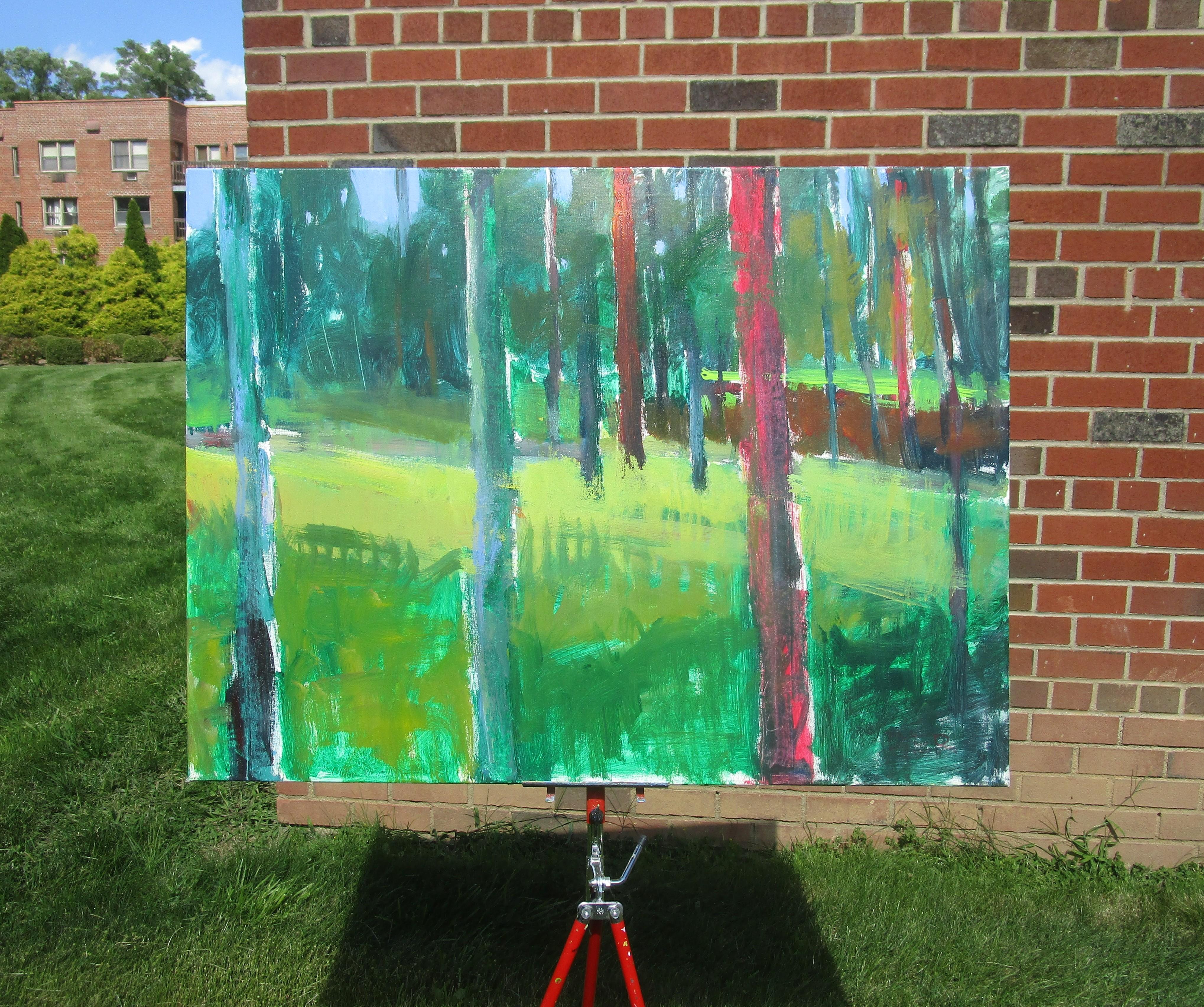 <p>Artist Comments<br>Tree trunks rise from the forest floor, some cloaked in moss and blending with the fertile surroundings, while others stand out with dark red bark. Shifting shades of green suggest light filtering through the canopy, while