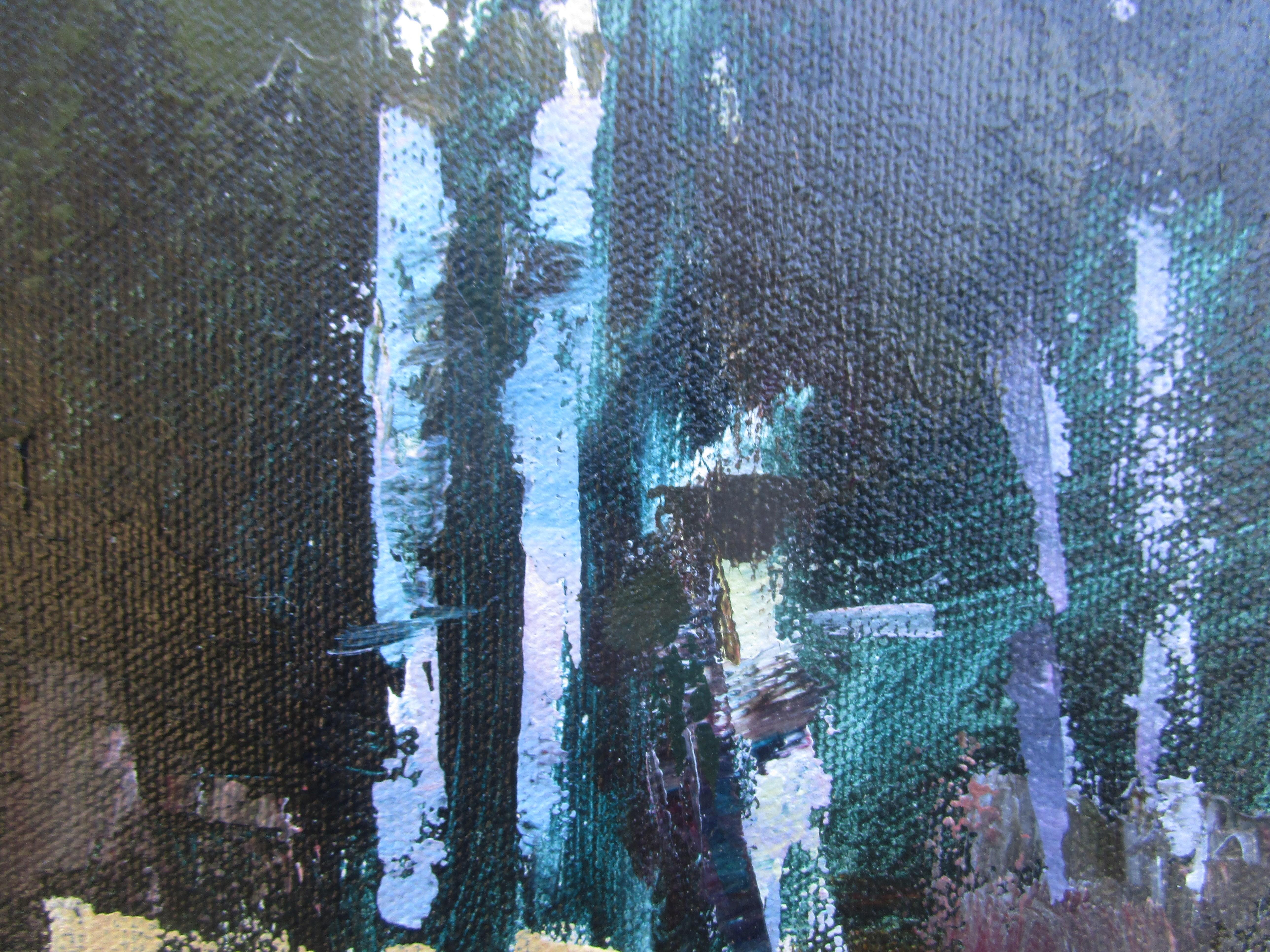 Lisière de forêt, peinture originale - Gris Landscape Painting par Janet Dyer