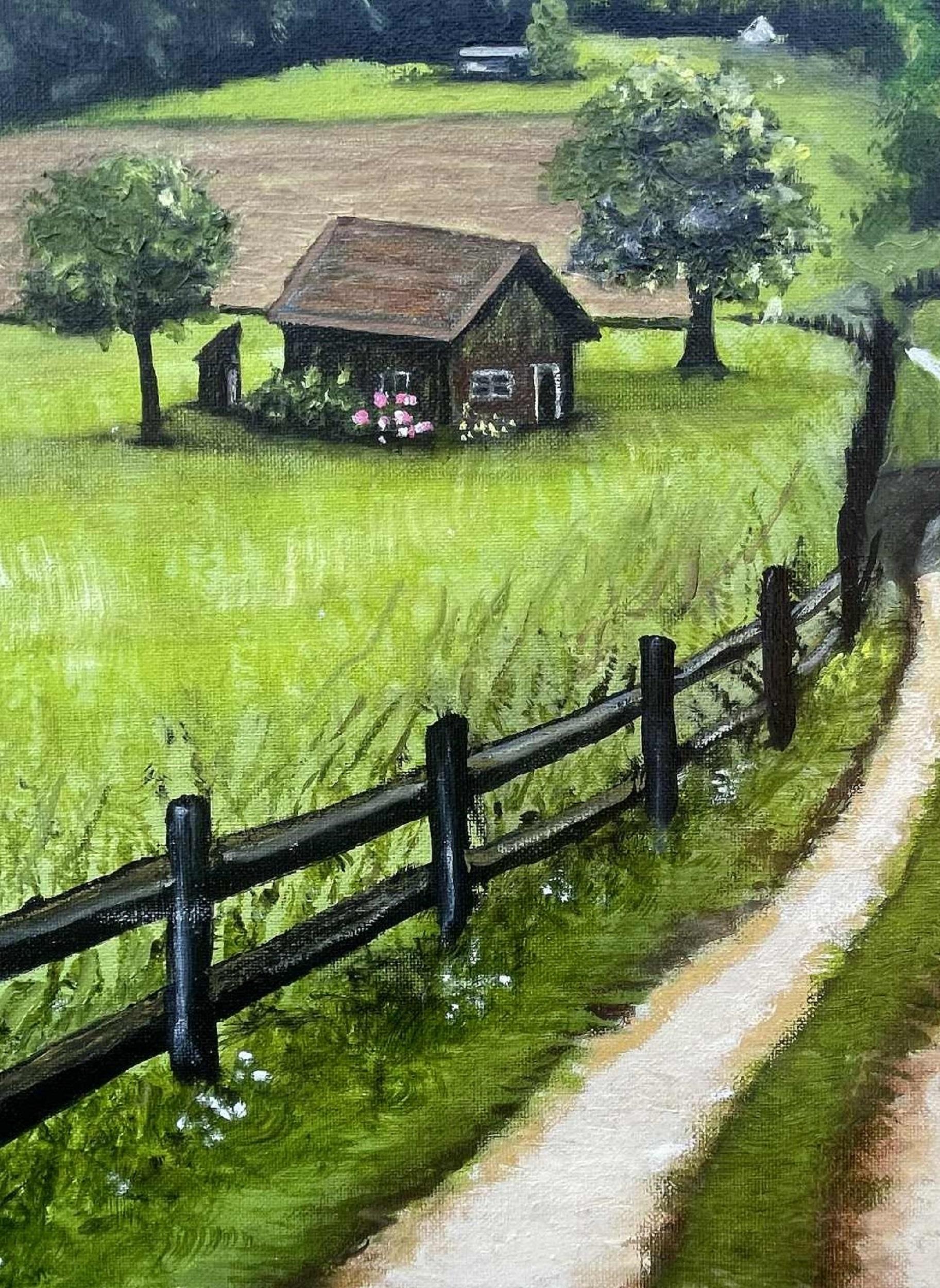 Route de campagne, peinture à l'huile - Noir Landscape Painting par Shela Goodman