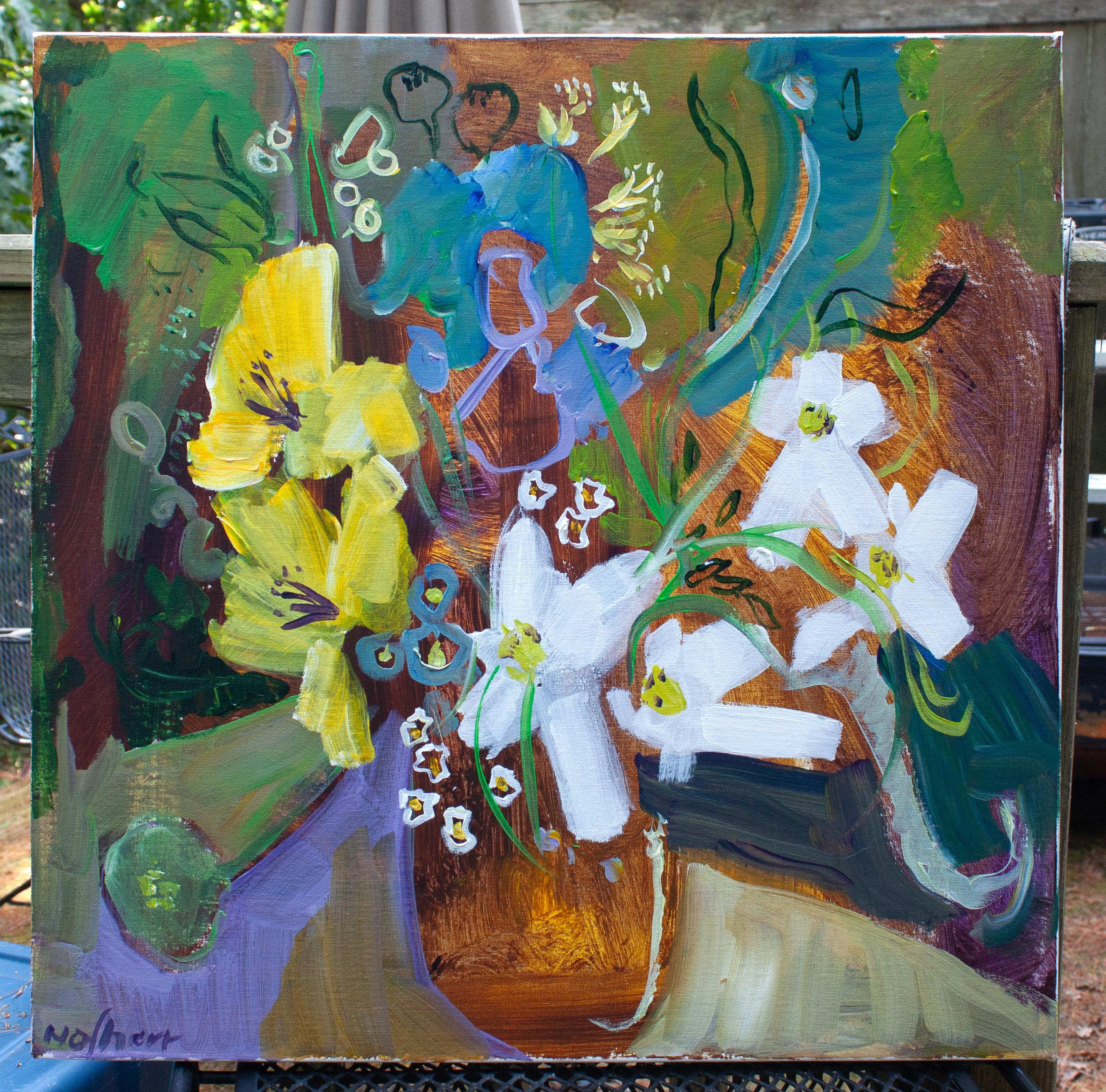 <p>Commentaires de l'artiste<br>Des fleurs de différentes couleurs, formes et tailles se déploient dans un vase brun. L'artiste Robert Hofherr s'inspire des œuvres du maître fauve Raoul Dufy. La sous-couche brun-doré visible apporte des contrastes à