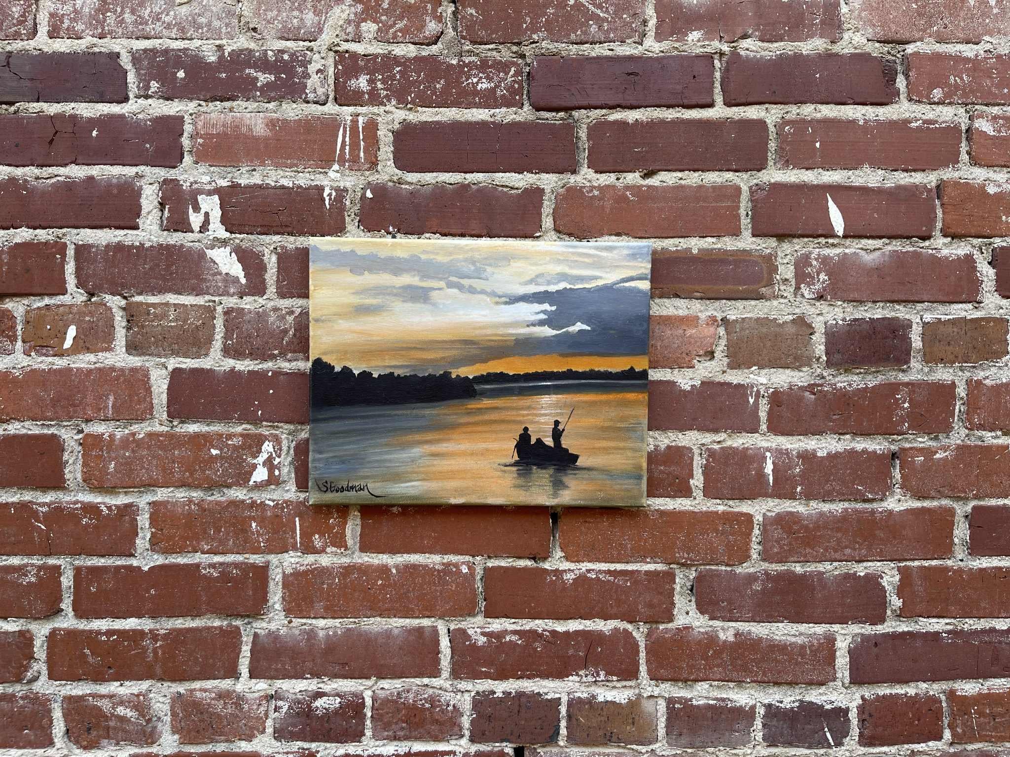 <p>Artist Comments<br>Gray and orange tones spread across the sky and water, framing two fishermen at dawn. The sun, hidden behind clouds, cast a hint of light on the lake. The pair drifts leisurely, waiting for a tug on the line.</p><br/><p>About