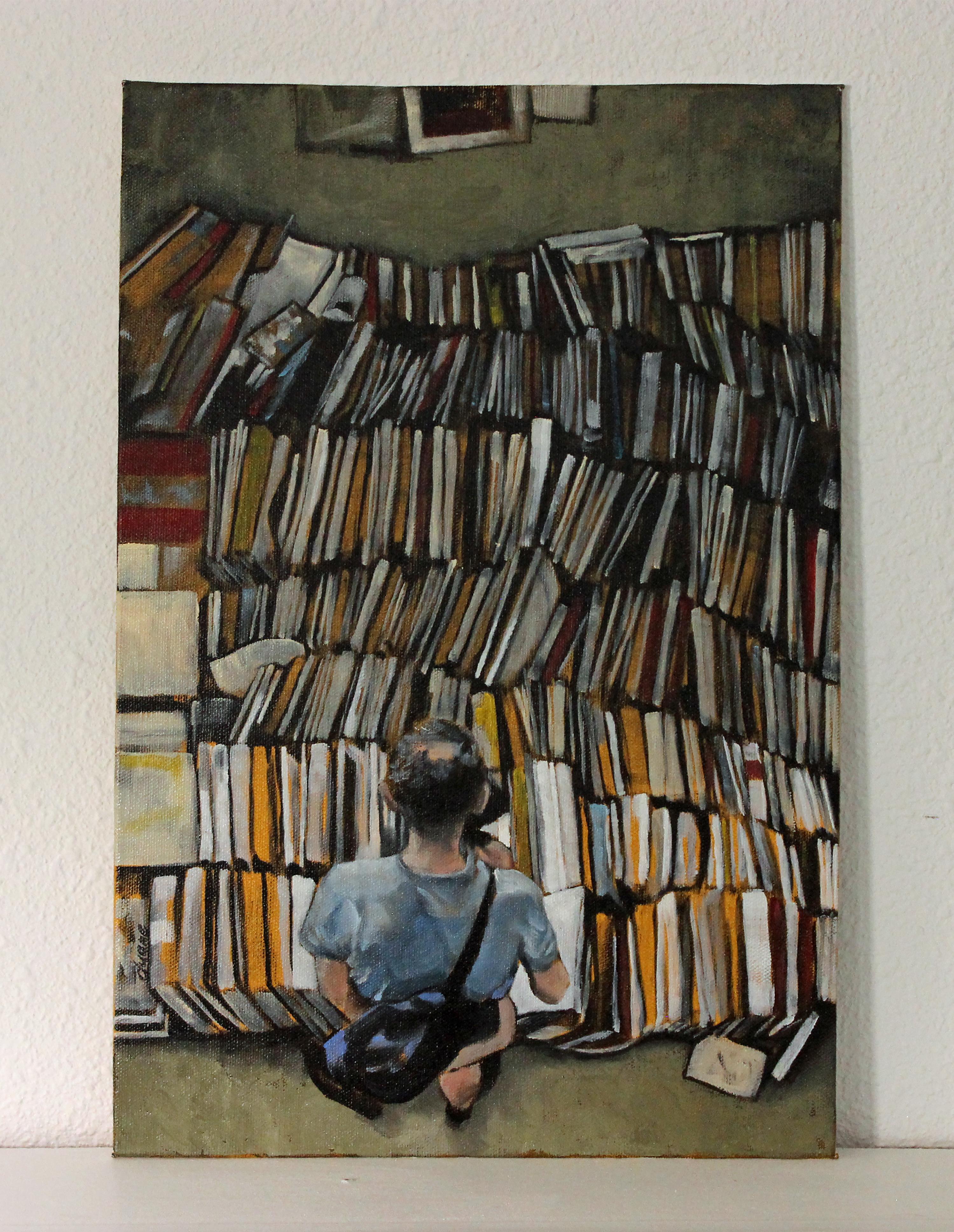 <p>Kommentare des Künstlers<br>Eine Figur, von oben betrachtet, steht vor einer überwältigenden Masse von Büchern, die die Ängste vor der Informationsüberflutung in der heutigen Gesellschaft widerspiegeln. Die Szene fängt einen Moment ein, in dem