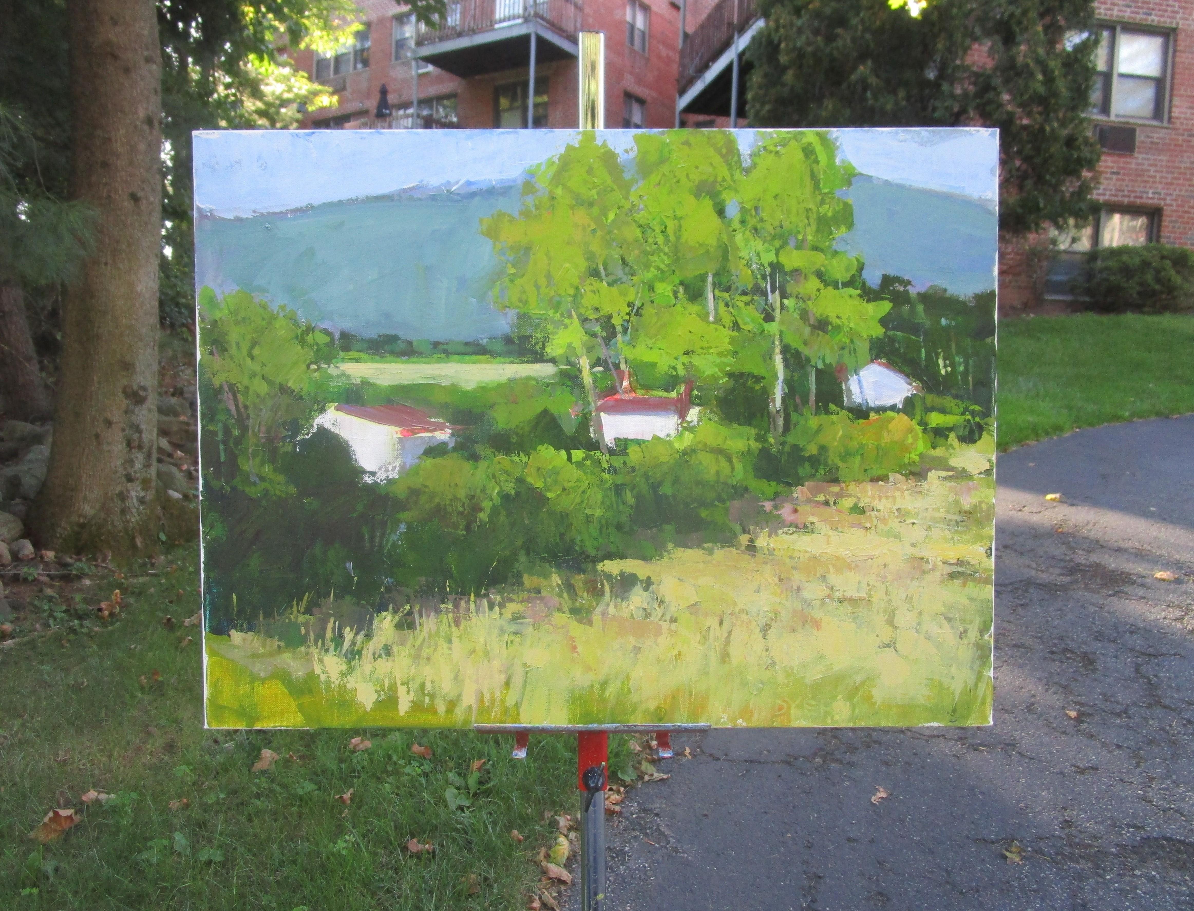 <p>Artist Comments<br>Grasses and shrubs stretch diagonally across the scene, while a lush grove of tall trees rises at a distance. Small houses with red roofs sit among the foliage. The scene offers a glimpse of the rural life in BÃ©doin, in
