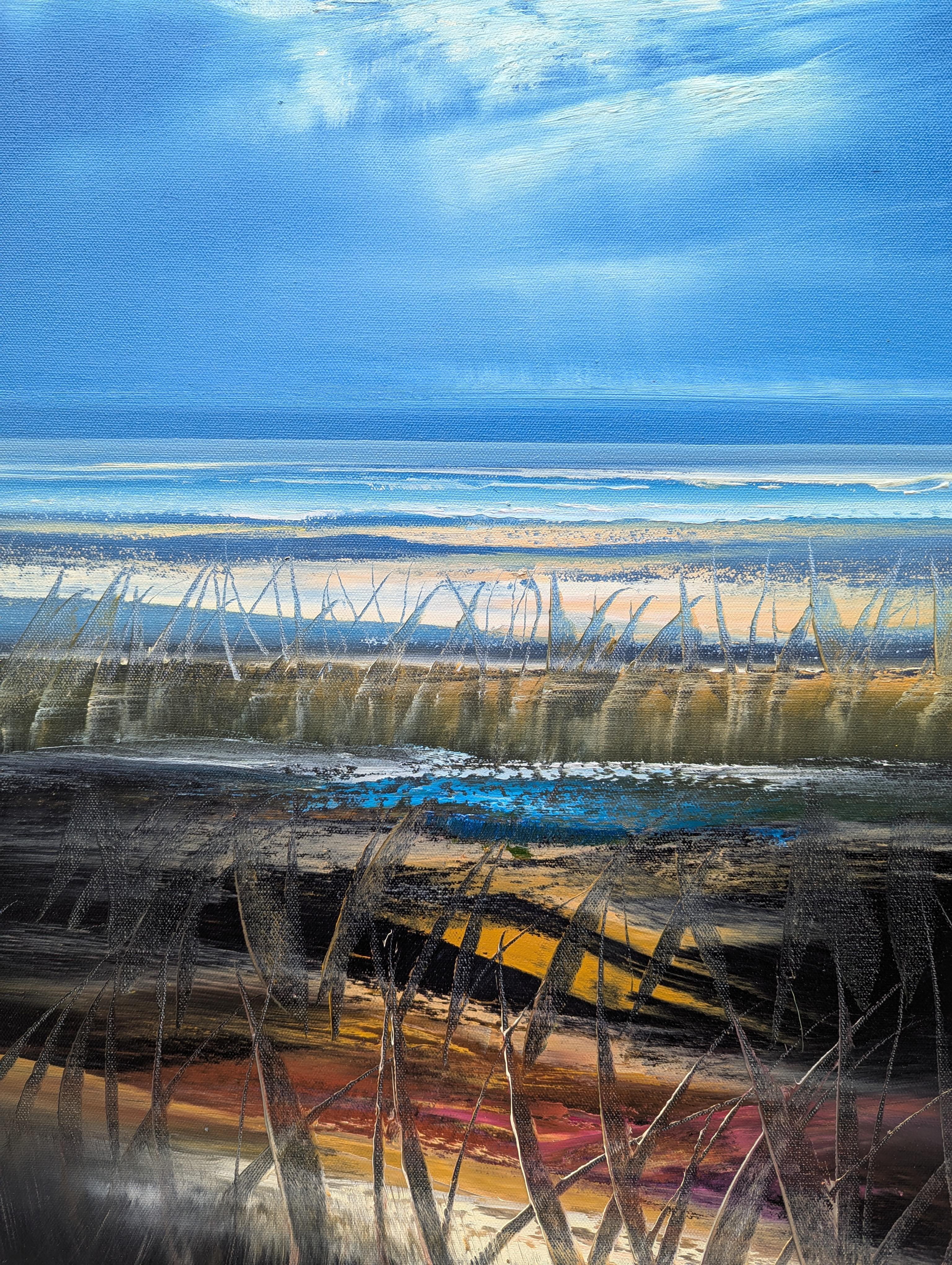 Woody Blues, peinture à l'huile - Bleu Landscape Painting par George Peebles