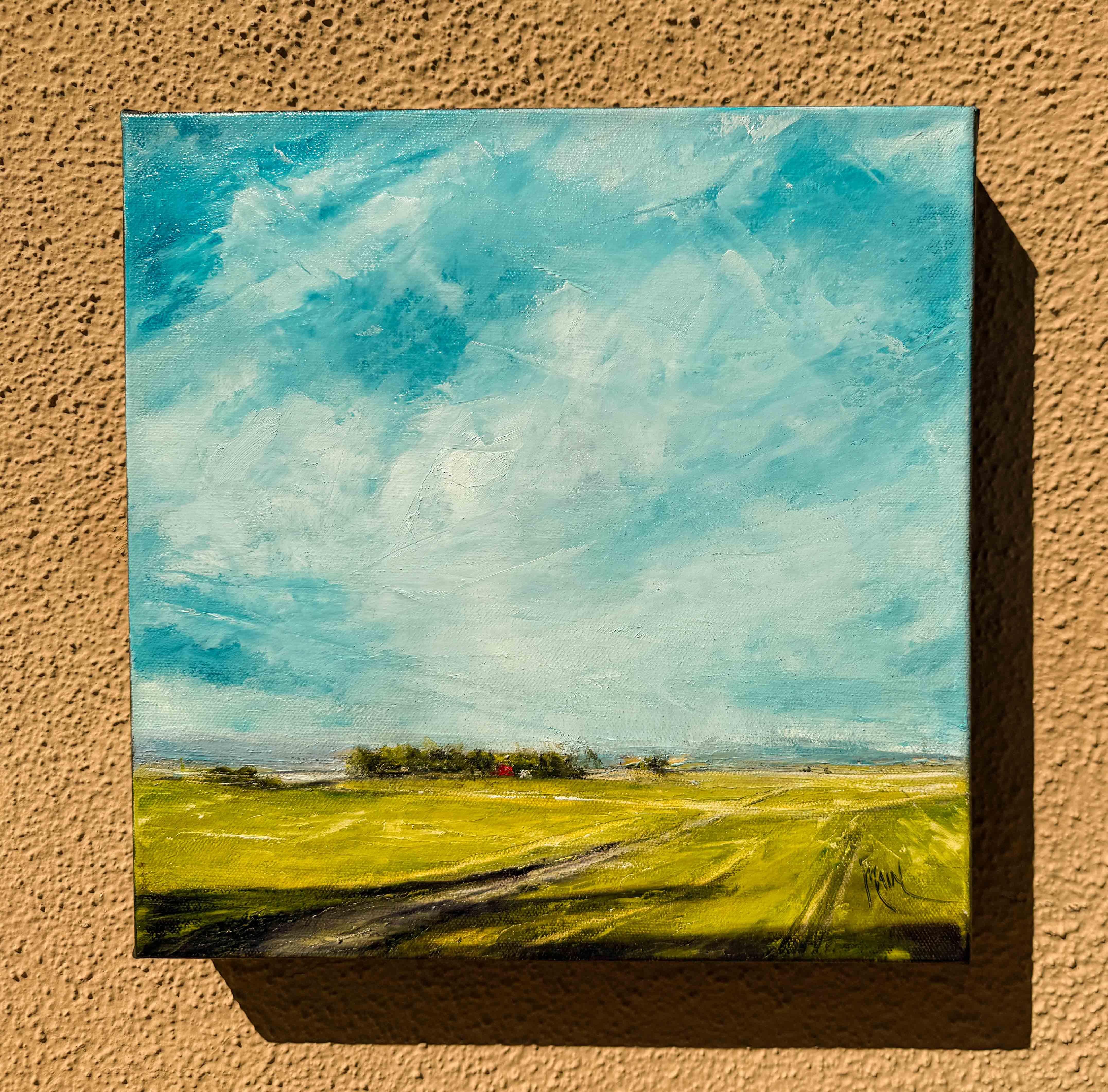 <p>Artist Comments<br>A vast landscape unfolds beneath a sweeping, dynamic sky. Fields of green and yellow hint at lush grass and vegetation, while intersecting pathways guide the eye toward a distant tree line where a red barn and farm buildings