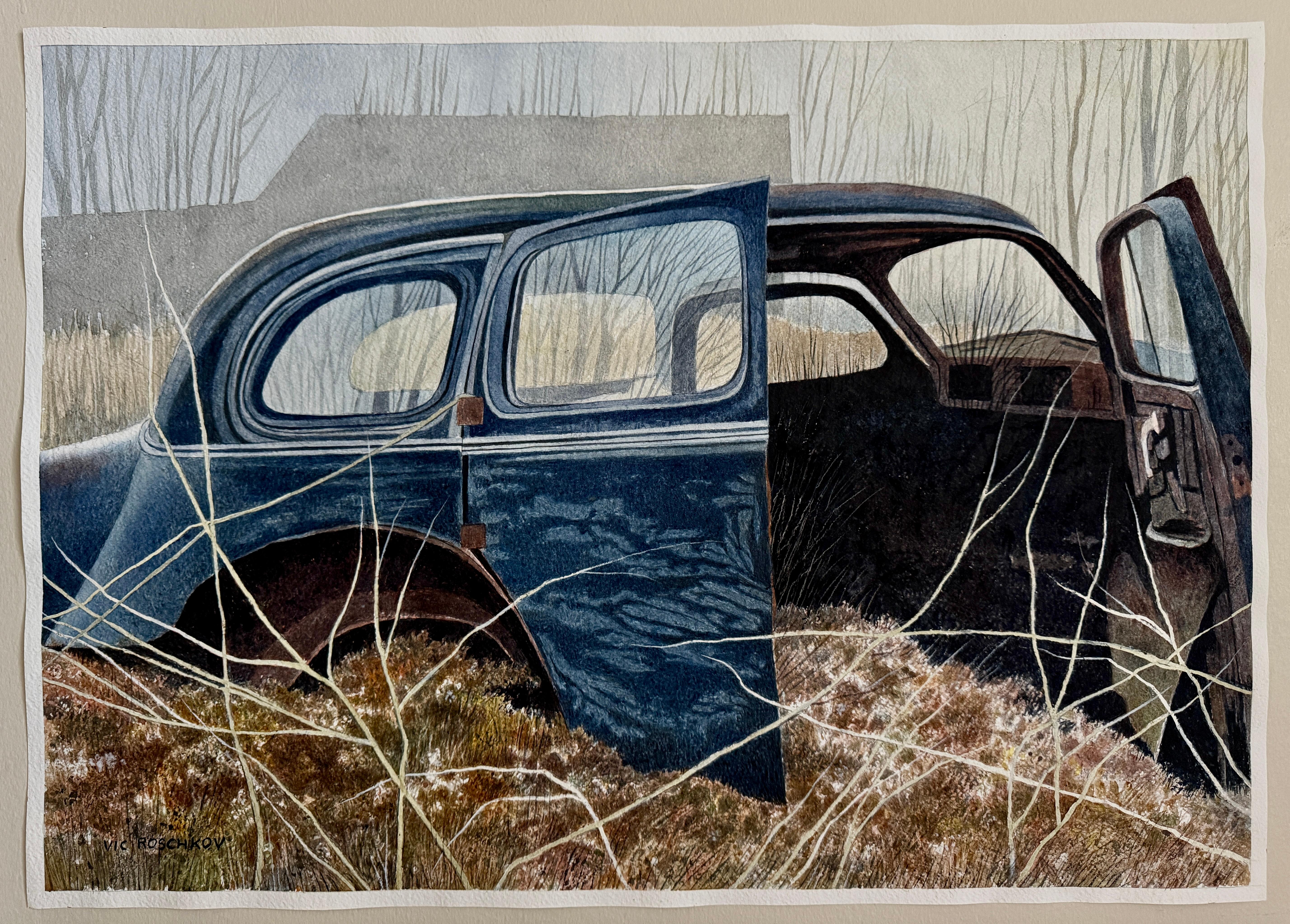 <p>Artist Comments<br>Once a vessel of journeys, now surrendered to the stillness of time. A faded blue car rests among tangled grasses, its open doors whispering of roads long forgotten. Rust meets sunlight, and memory drifts like wind through the