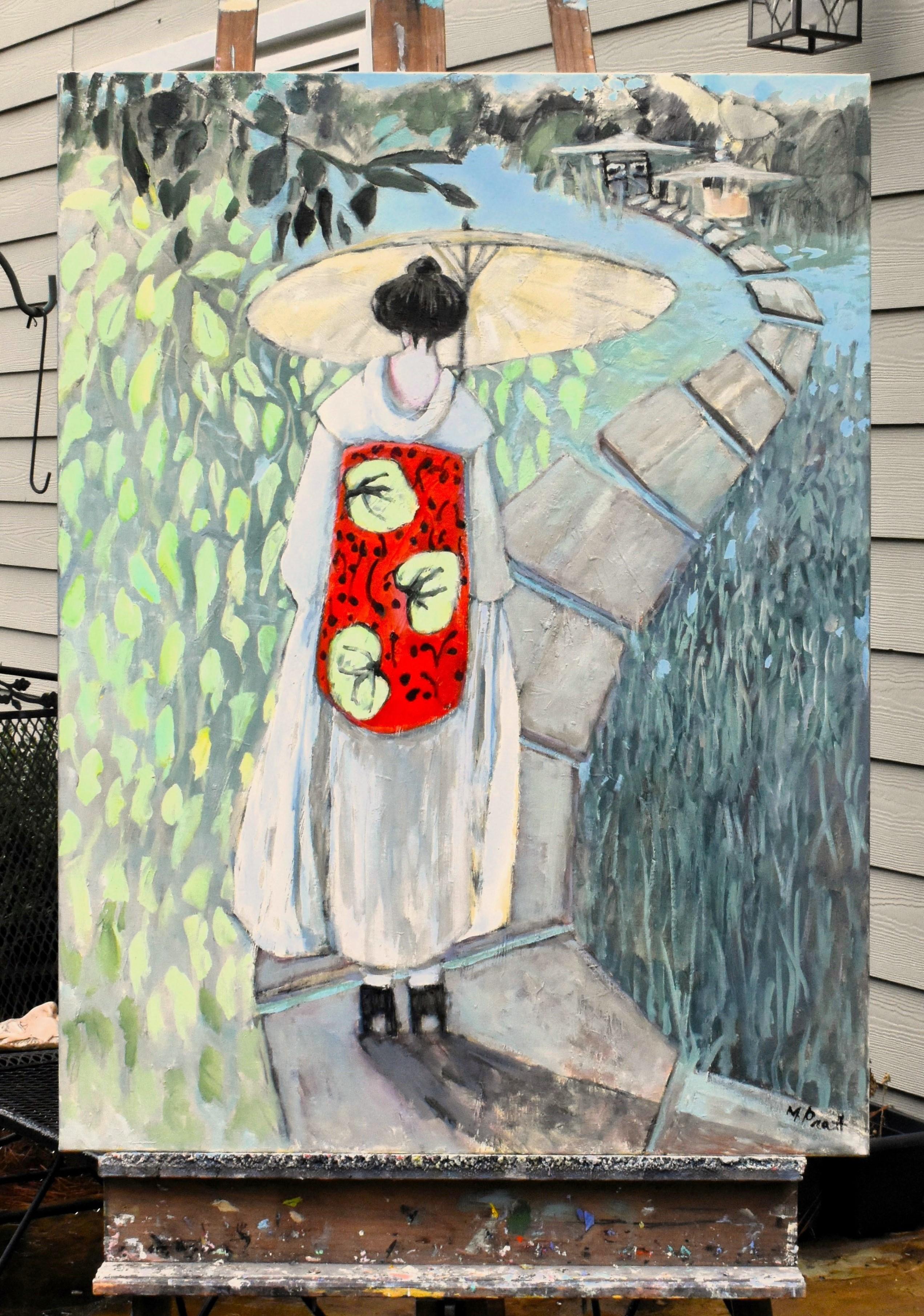 <p>Artist Comments<br>A geisha, dressed in a traditional kimono, walks along a stone path beside water. The bold, red obi adorned with an organic motif contrasts with the soft green foliage and the muted landscape tones. Artist Mary Pratt captures