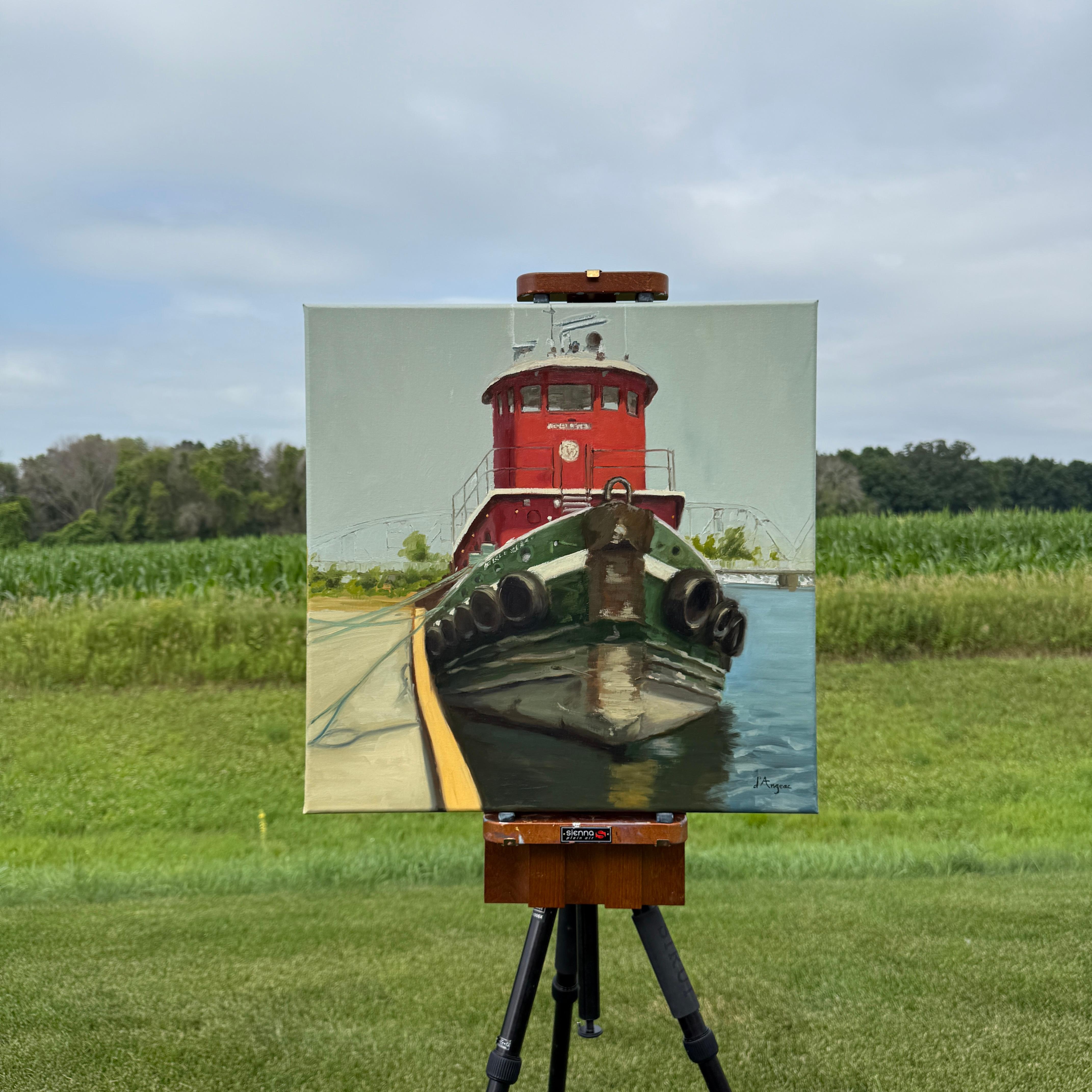 <p>Artist Comments<br>A moored tugboat commands a harbor scene. Its green hull anchors it firmly against the hazy shoreline of Sturgeon Bay, while the red upper structure rises with strength and presence. The muted sky above casts a gentle
