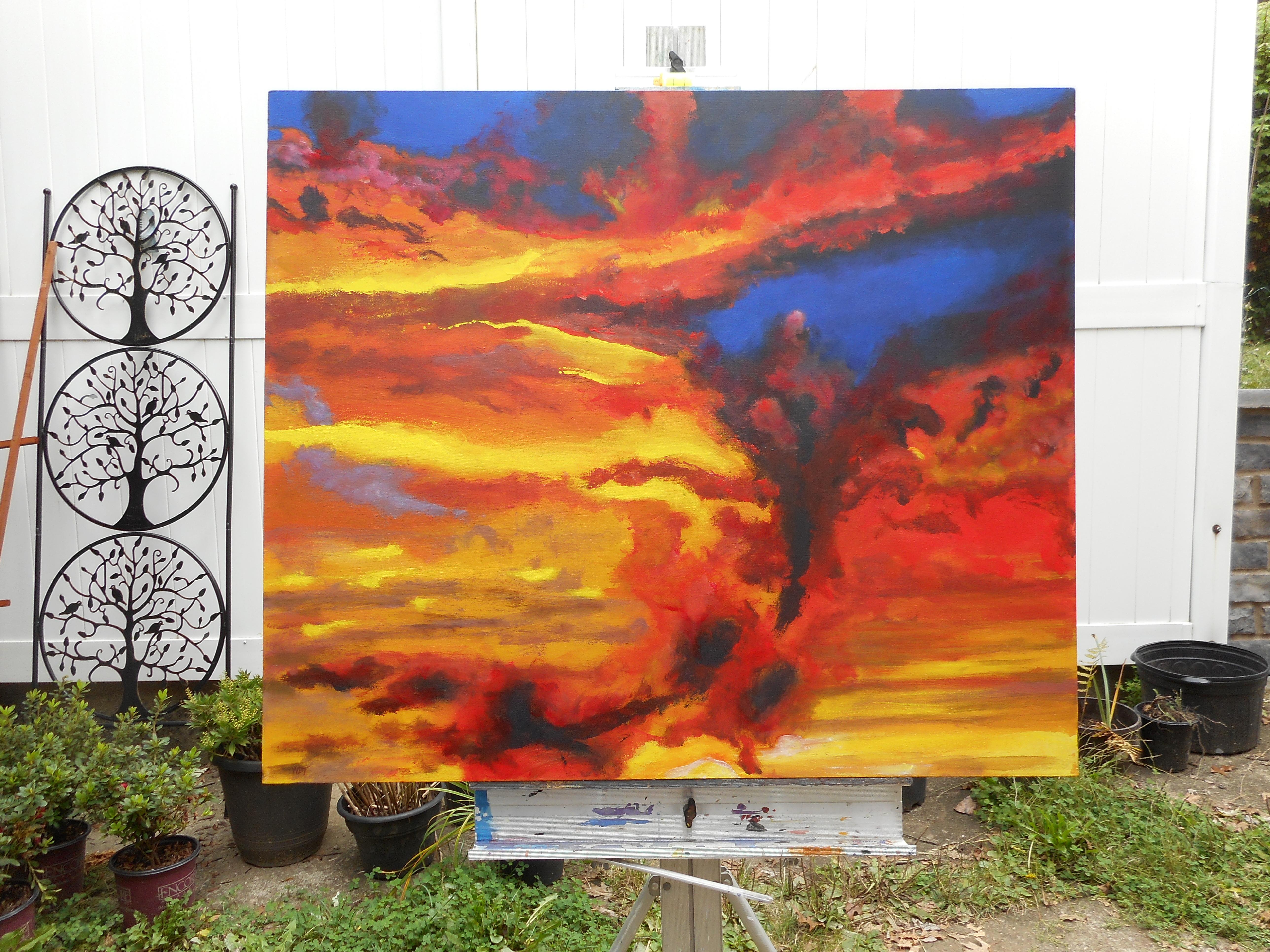 <p>Artist Comments<br>Fiery clouds drift across the sky, creating a mesmerizing display of color. Broad and swift brushstrokes capture their fleeting beauty. Artist Benjamin Thomas shares that his works become more abstract when he paints with