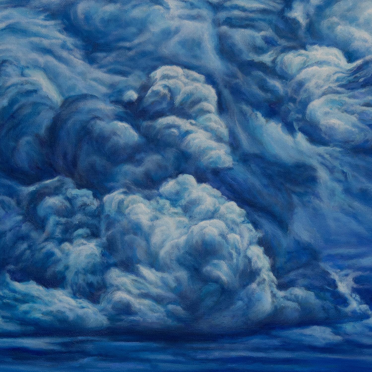 <p>Artist Comments<br>The artwork depicts a vast, turbulent sky. Sculpted clouds gather in slow, thunderous procession above the silent desert. Shades of indigo, cobalt, and silver blend to create a serene and ominous nocturnal image. It evokes the