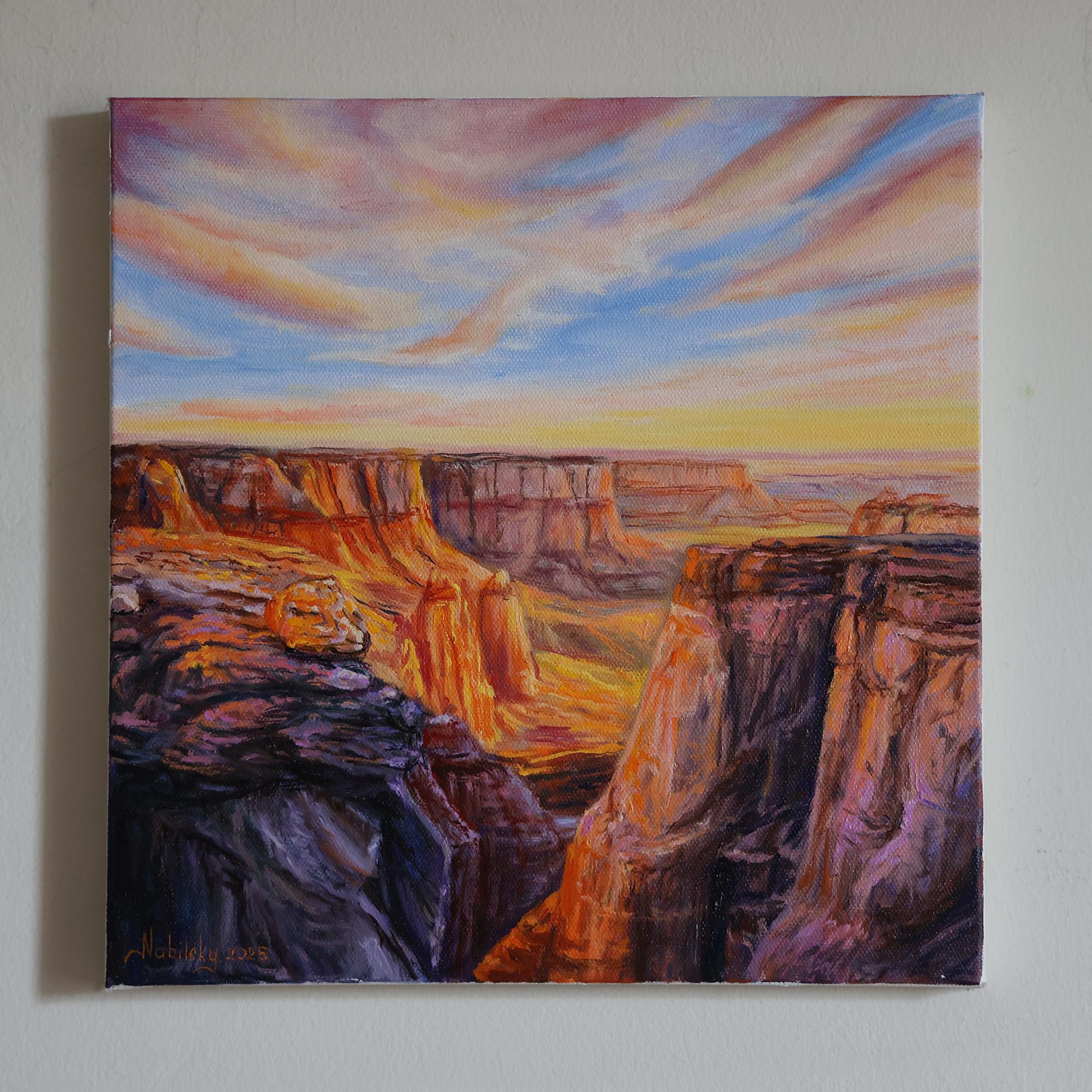 <p>Artist Comments<br>The artwork captures the boundless expanse of the American Canyonlands, where stone and sky meet in harmony with light. The cliffs glow under the touch of the setting sun, their ridges shifting through amber, violet, and rose