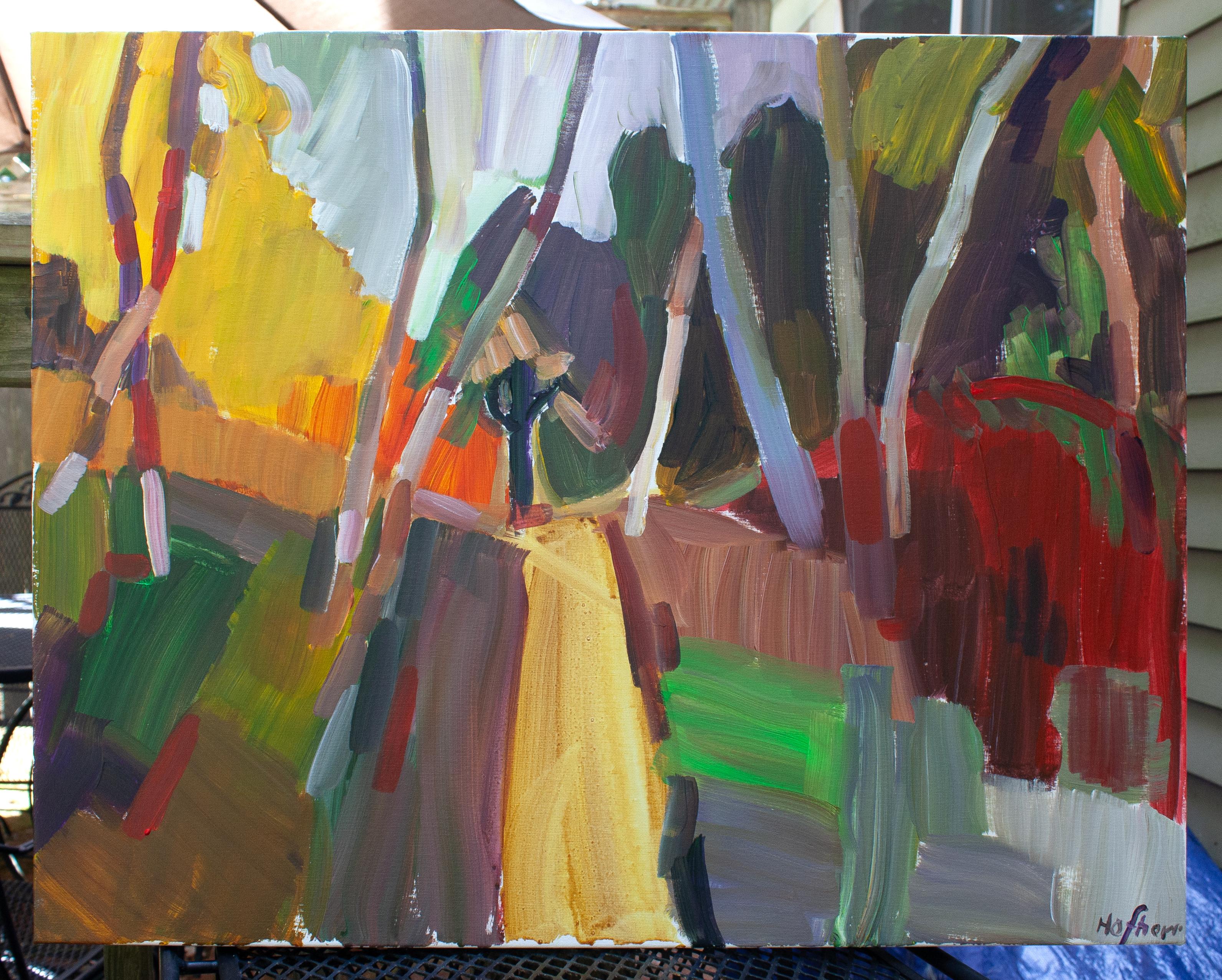 <p>Artist Comments<br>A rural road heads towards an autumnal woodland. Bent trees add a vertical element and a sense of direction to the scene. The Fauvist color palette and bold paint application give the piece a dramatic visual