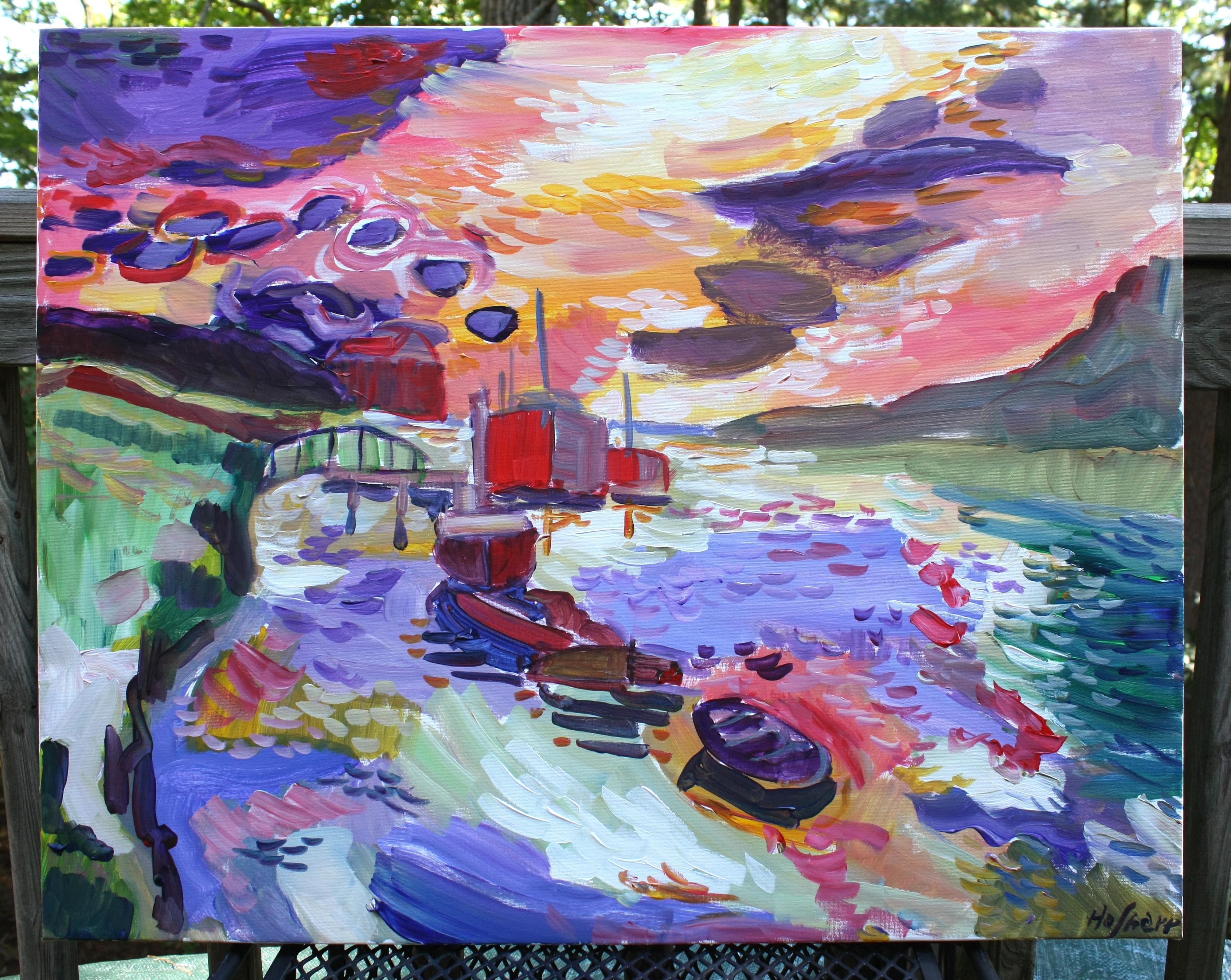 <p>Artist Comments<br>A river scene with watercraft comes alive through Fauvist techniques of vivid palette, simplified forms, and expressive paint handling. The boat and converging riverbanks draw attention toward the meeting point of water and