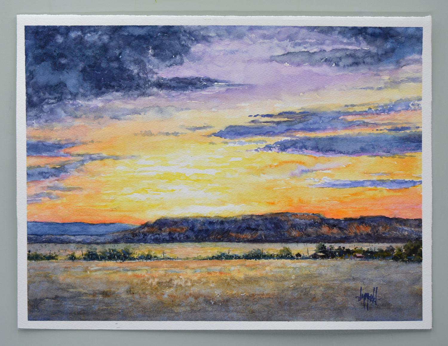 <p>Artist Comments<br>An impressionist scene captures a quiet moment as day transitions into night. The expansive sky commands with a rich palette of yellows, oranges, and purples. Textured brushwork enhances the atmosphere, conveying the fading