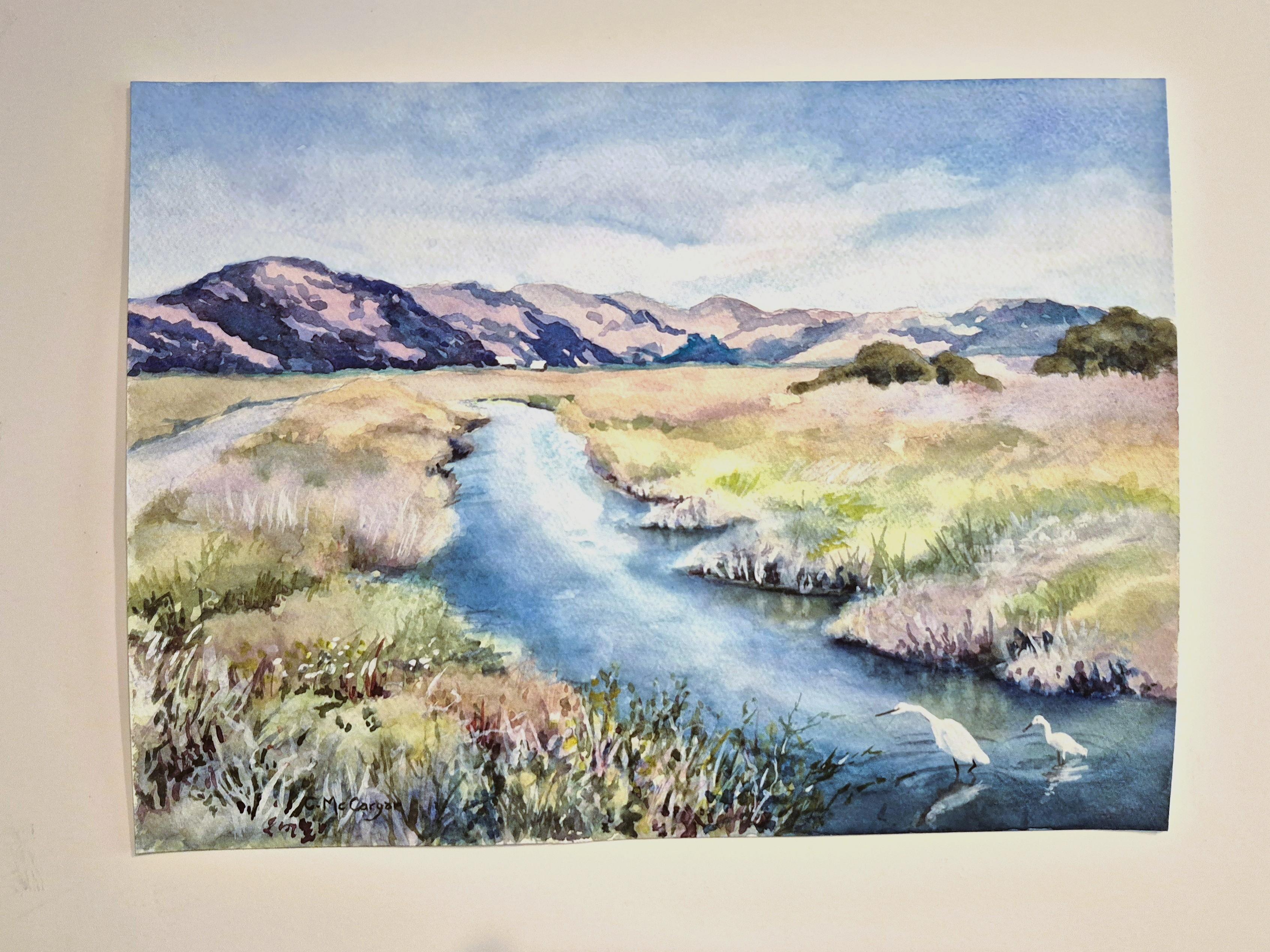 <p>Commentaires de l'artiste<br>L'artiste californienne Catherine McCargar capture un moment calme et paisible dans les zones humides le long de la côte de Martinez. Un couple d'aigrettes teste l'eau, envoyant de légères ondulations à la surface.