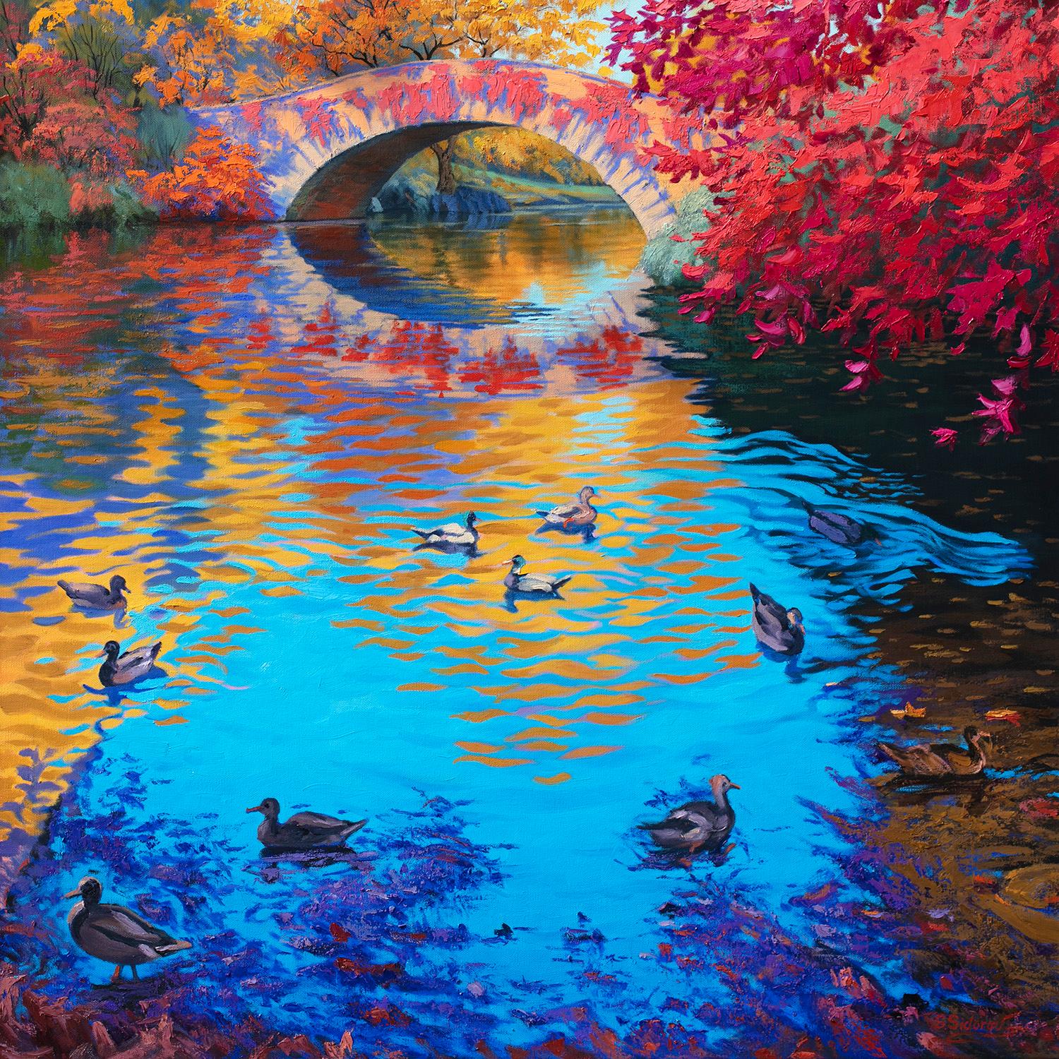 Landscape Painting Stanislav Sidorov - Canards à Central Park, New York, peinture à l
huile