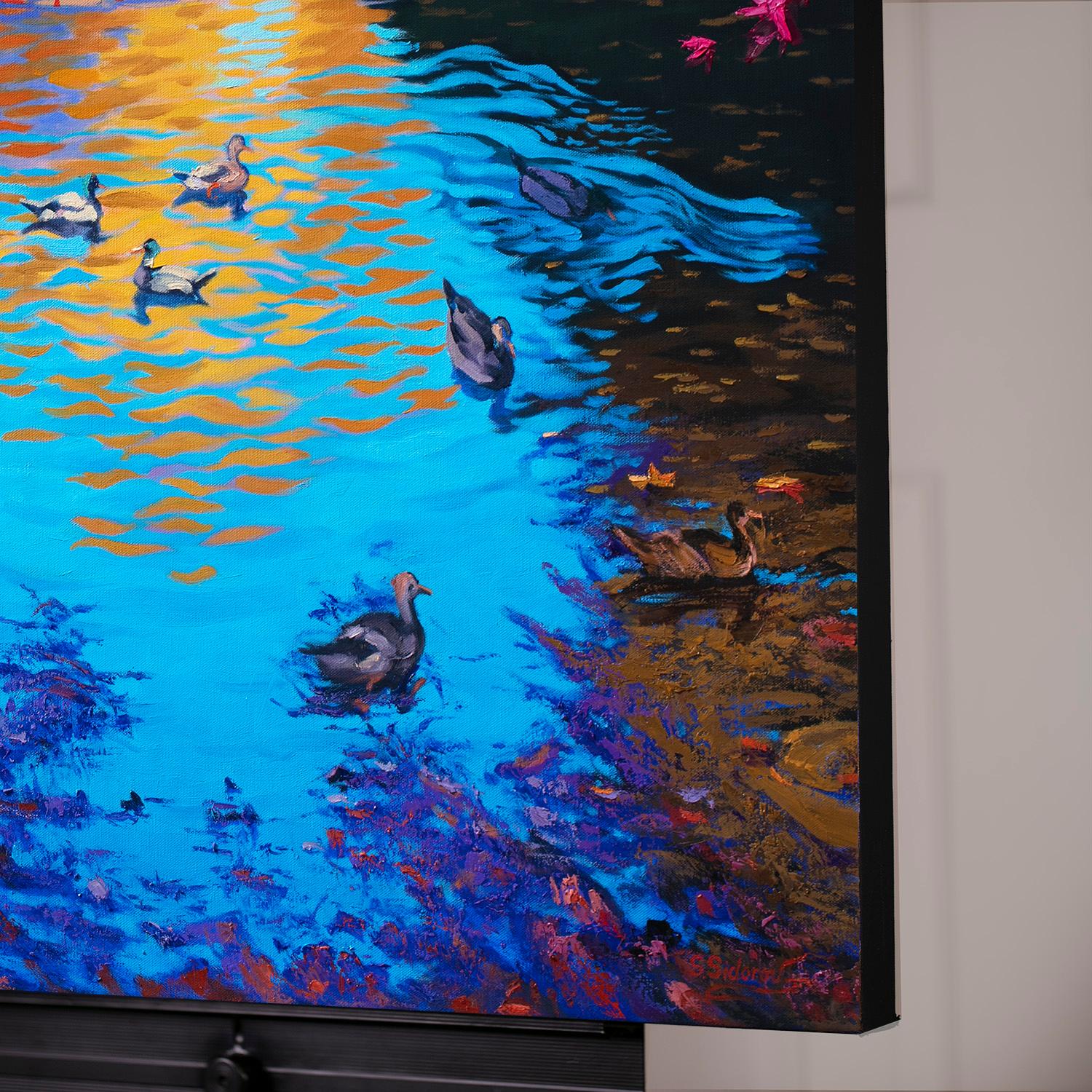 Canards à Central Park, New York, peinture à l'huile - Painting de Stanislav Sidorov