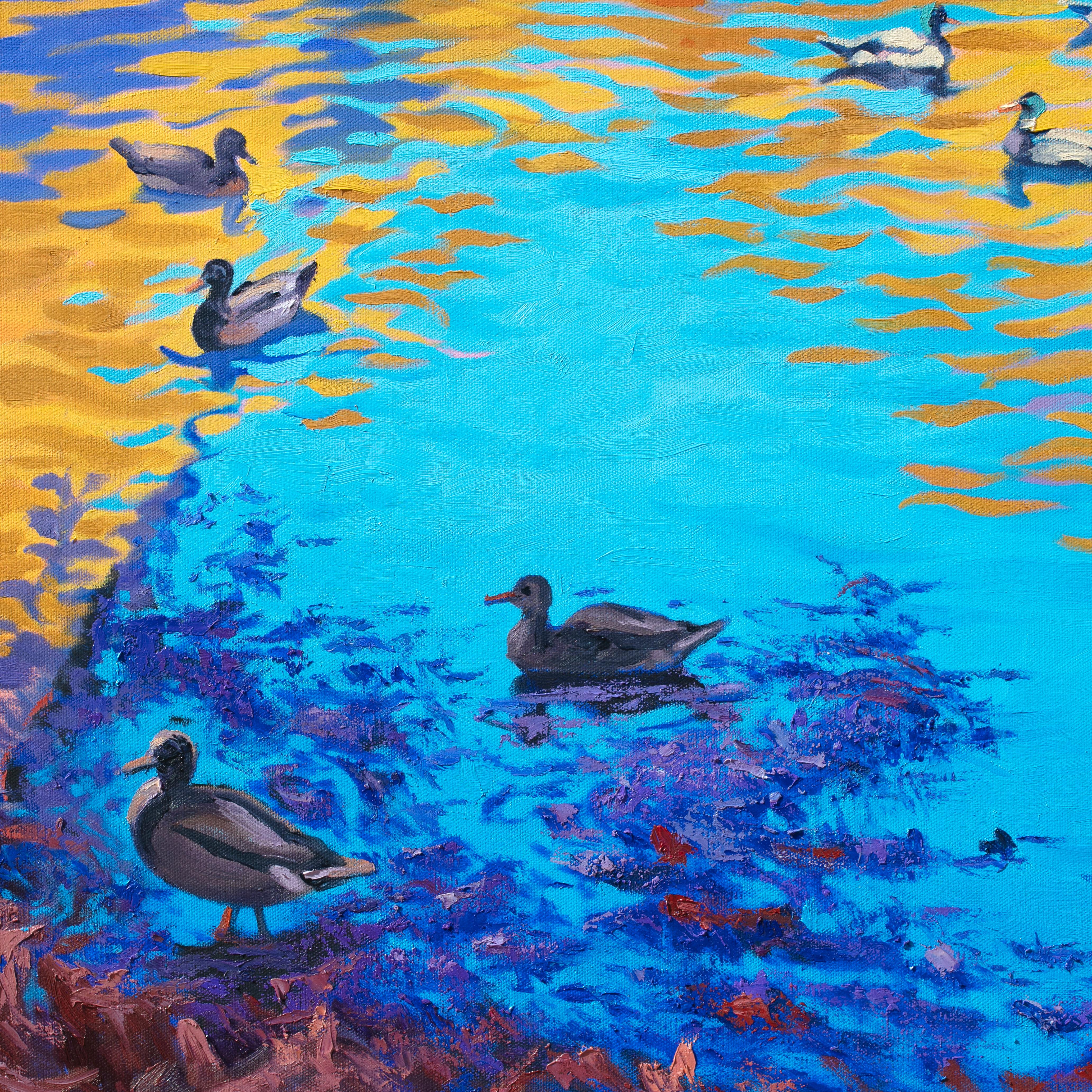 Canards à Central Park, New York, peinture à l'huile - Violet Landscape Painting par Stanislav Sidorov