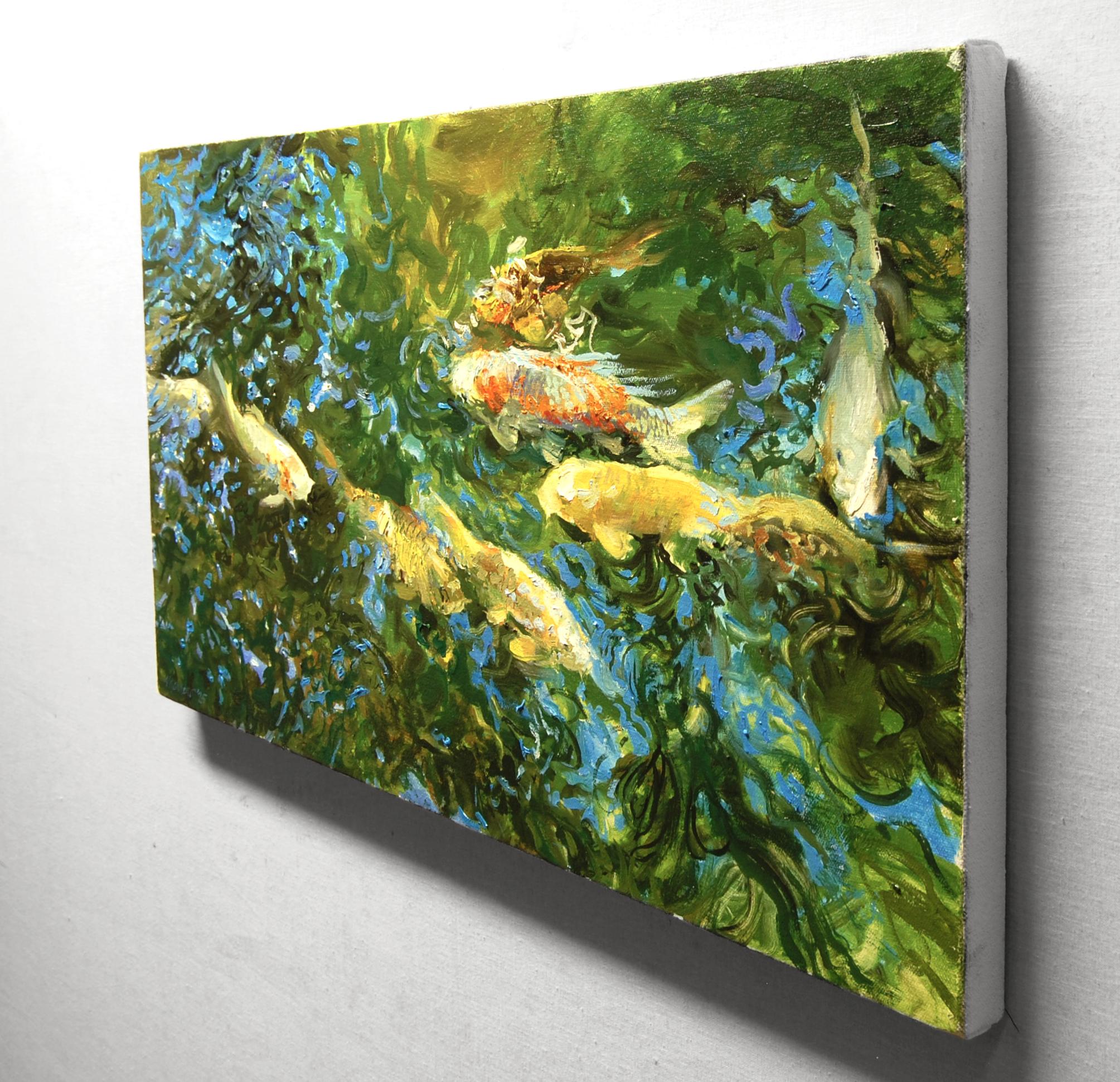 Hungry Koi, Oil Painting - Black Animal Painting by Onelio Marrero