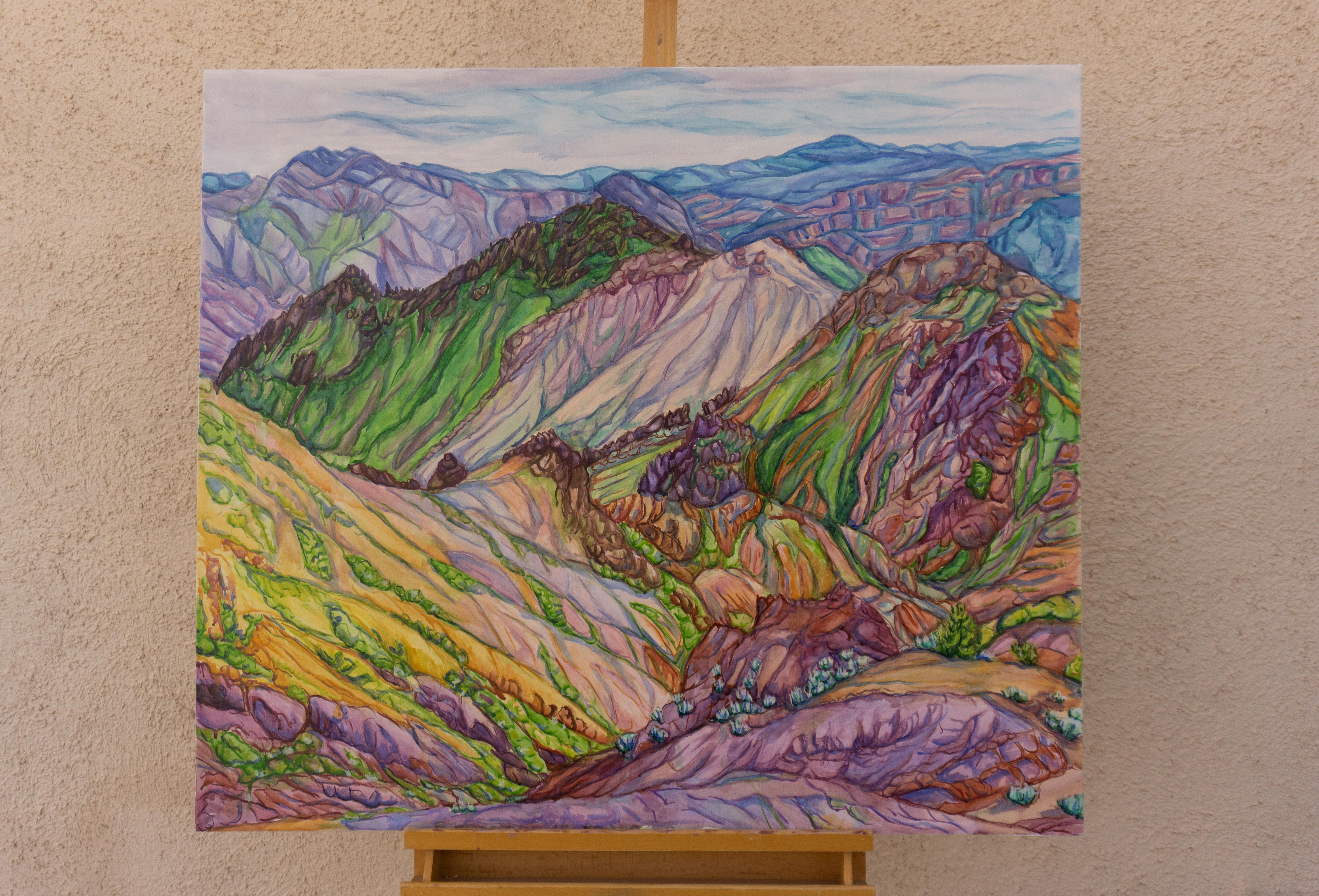 <p>Artist Comments<br>From a high vantage point, rugged desert ridges and mountains unfold in vibrant spring colors. Loose washes of pink, green, yellow, and blue flow together, echoing the movement of the water and wind that shaped these hills. The