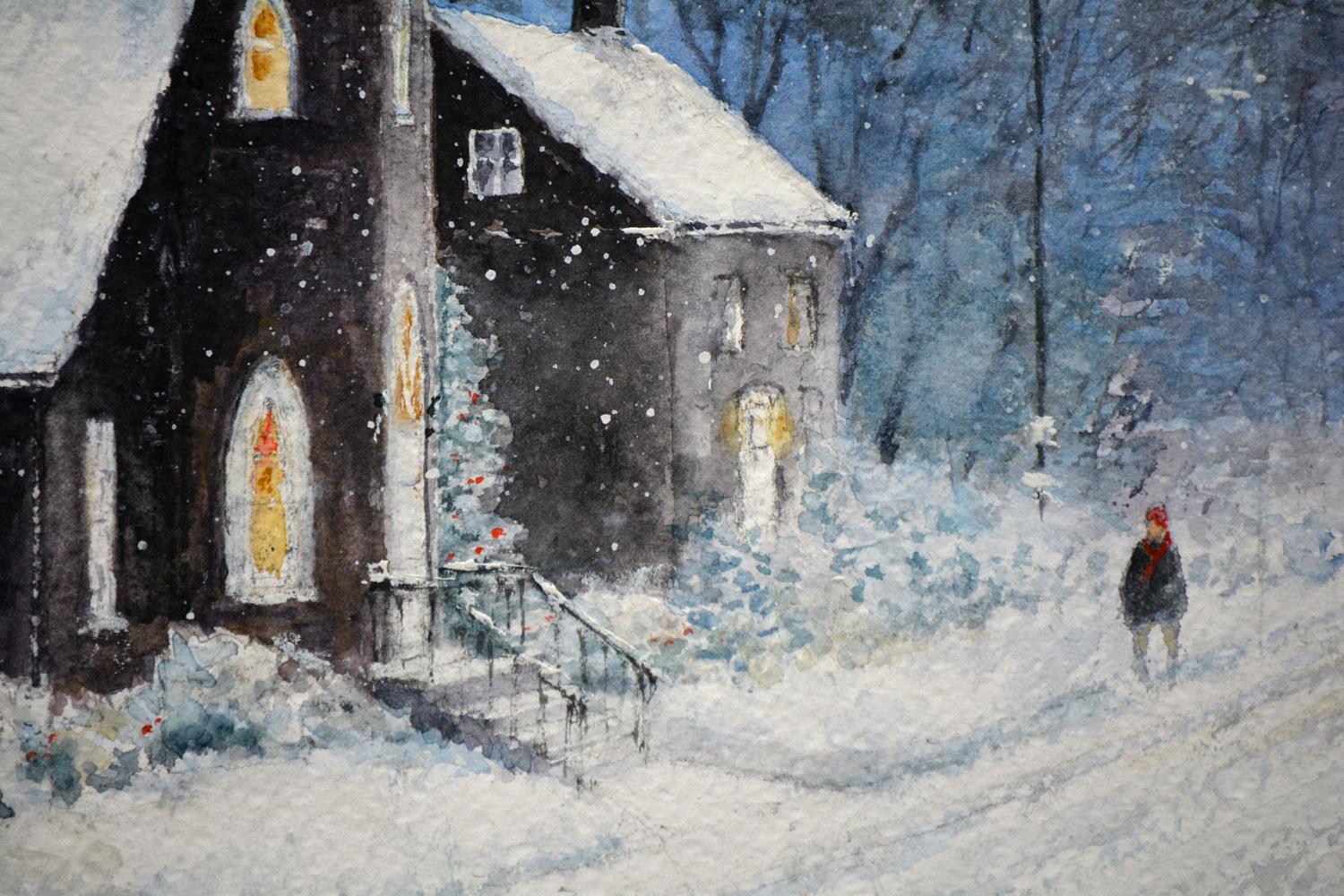 La luz de las velas entre la nieve que cae, Pintura original - Interior Art Gris de Judy Mudd