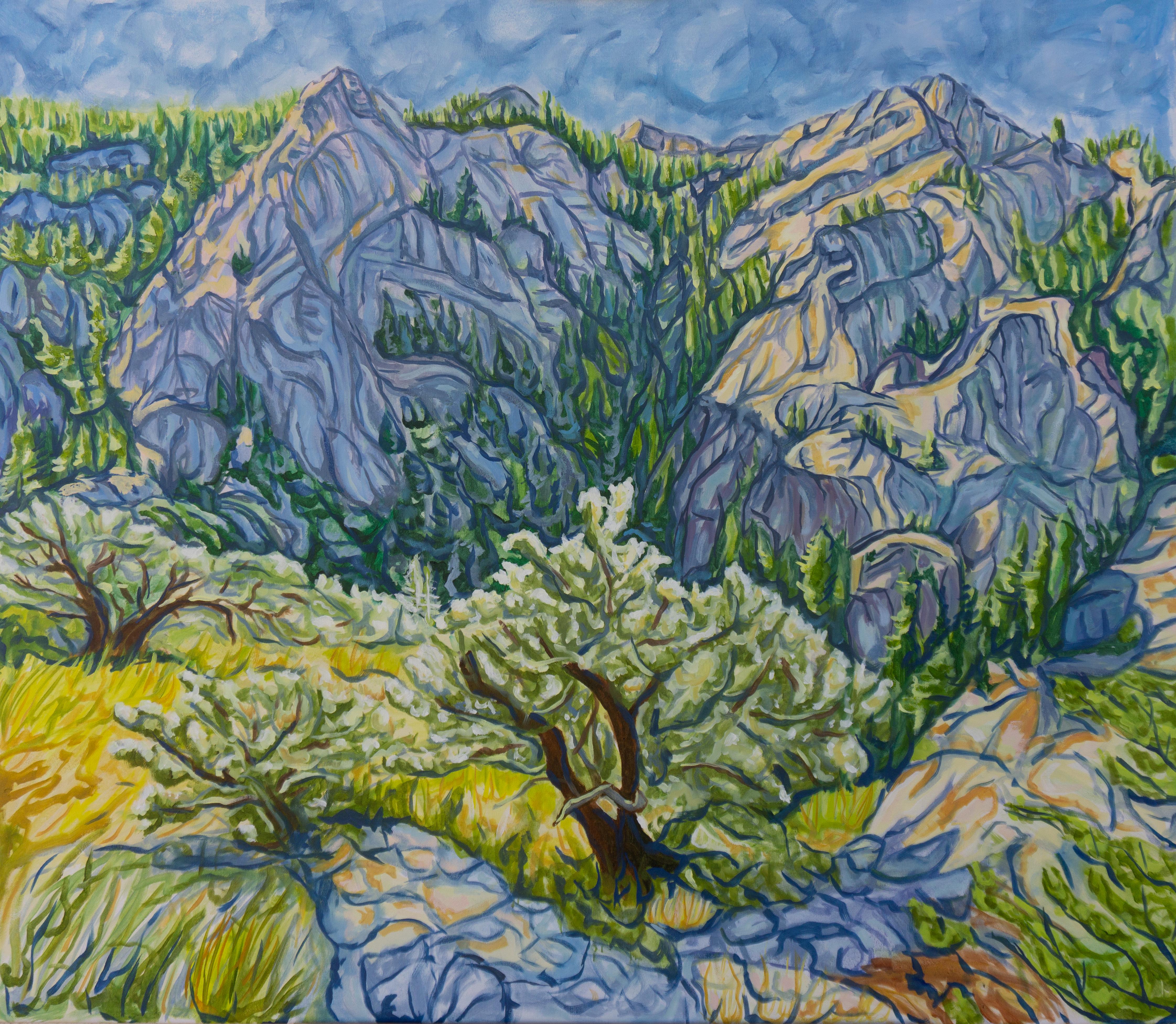 Landscape Painting Crystal DiPietro - La lumière et la pierre en harmonie se balancent, peinture à l
huile