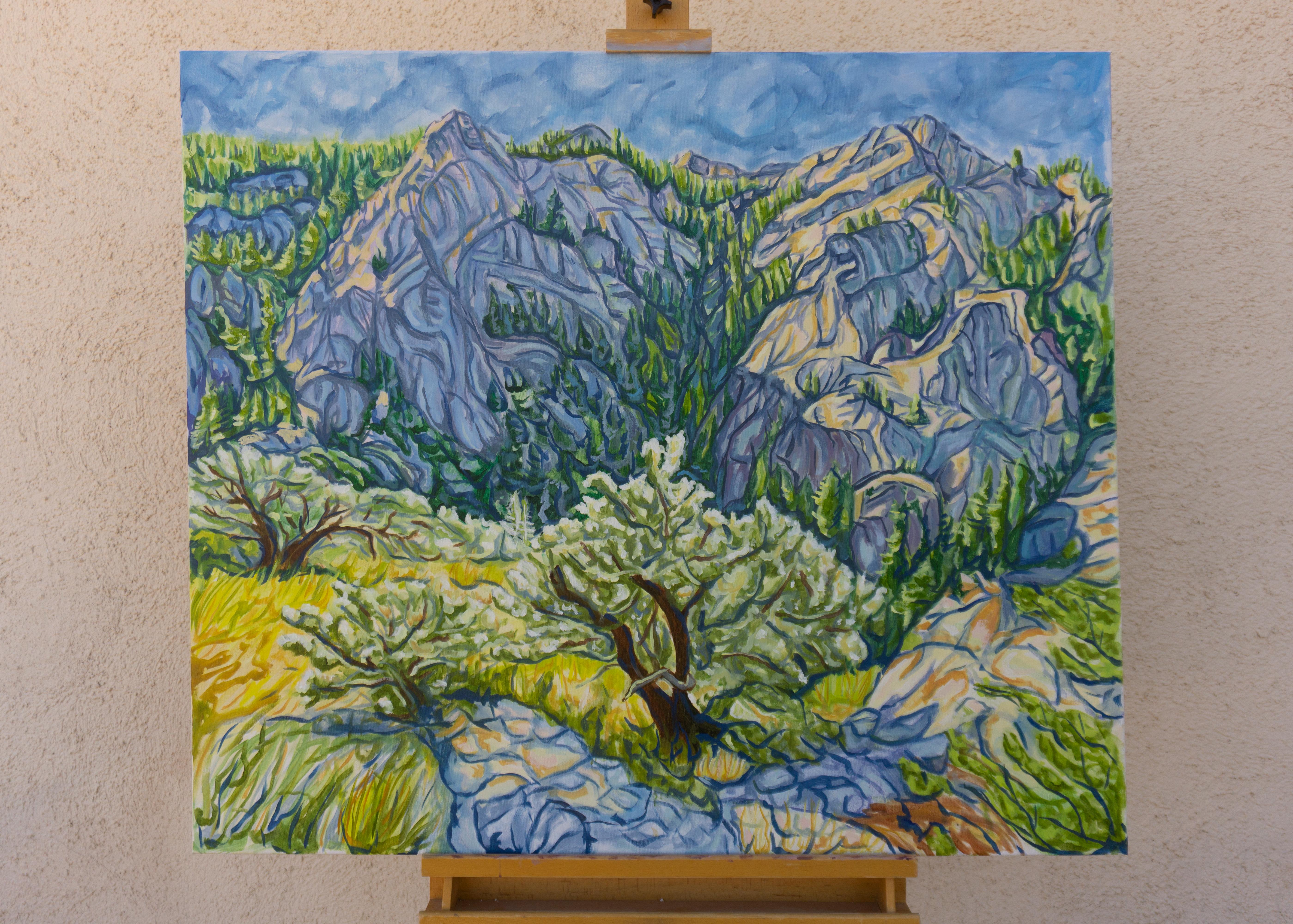 La lumière et la pierre en harmonie se balancent, peinture à l'huile - Expressionniste Painting par Crystal DiPietro