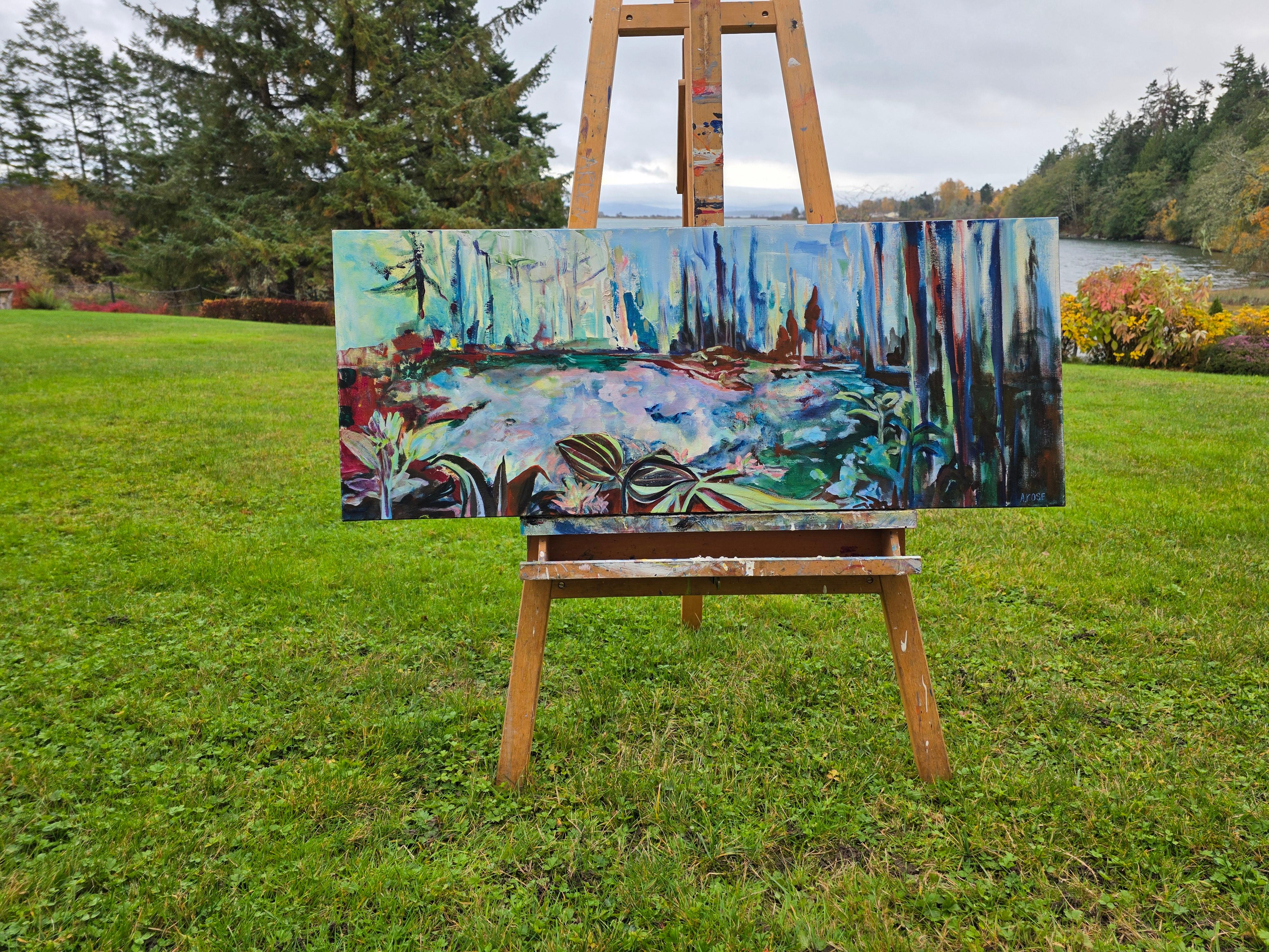 <p>Commentaires de l'artiste<br>La surface de l'eau scintille sous l'effet de la lumière du soleil, créant des reflets qui apportent profondeur et mouvement à l'étang. Une végétation luxuriante et verdoyante borde les rives, mettant en valeur l'eau