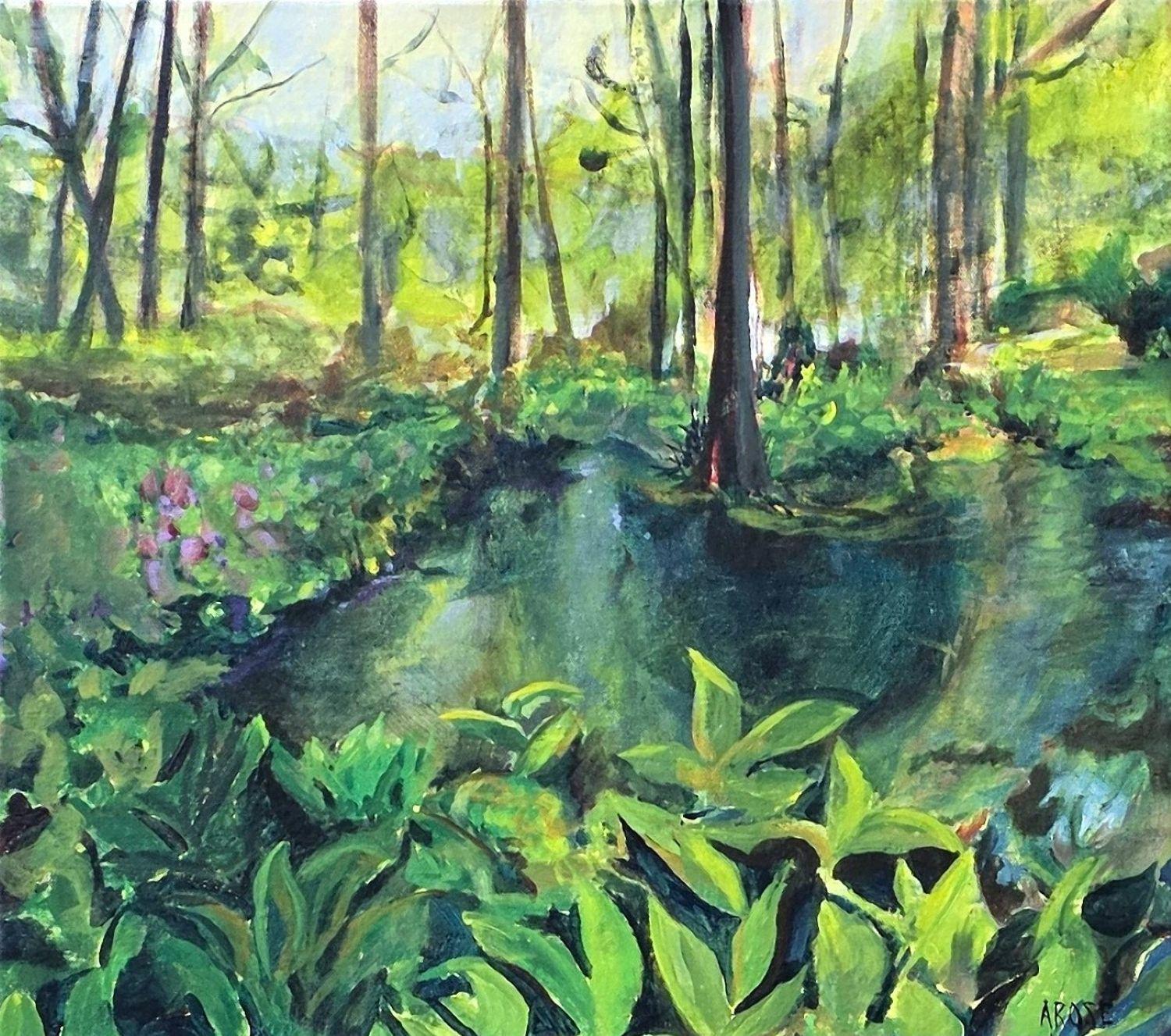 Forêt se baignant dans le vert, peinture originale - Art de Arden Rose