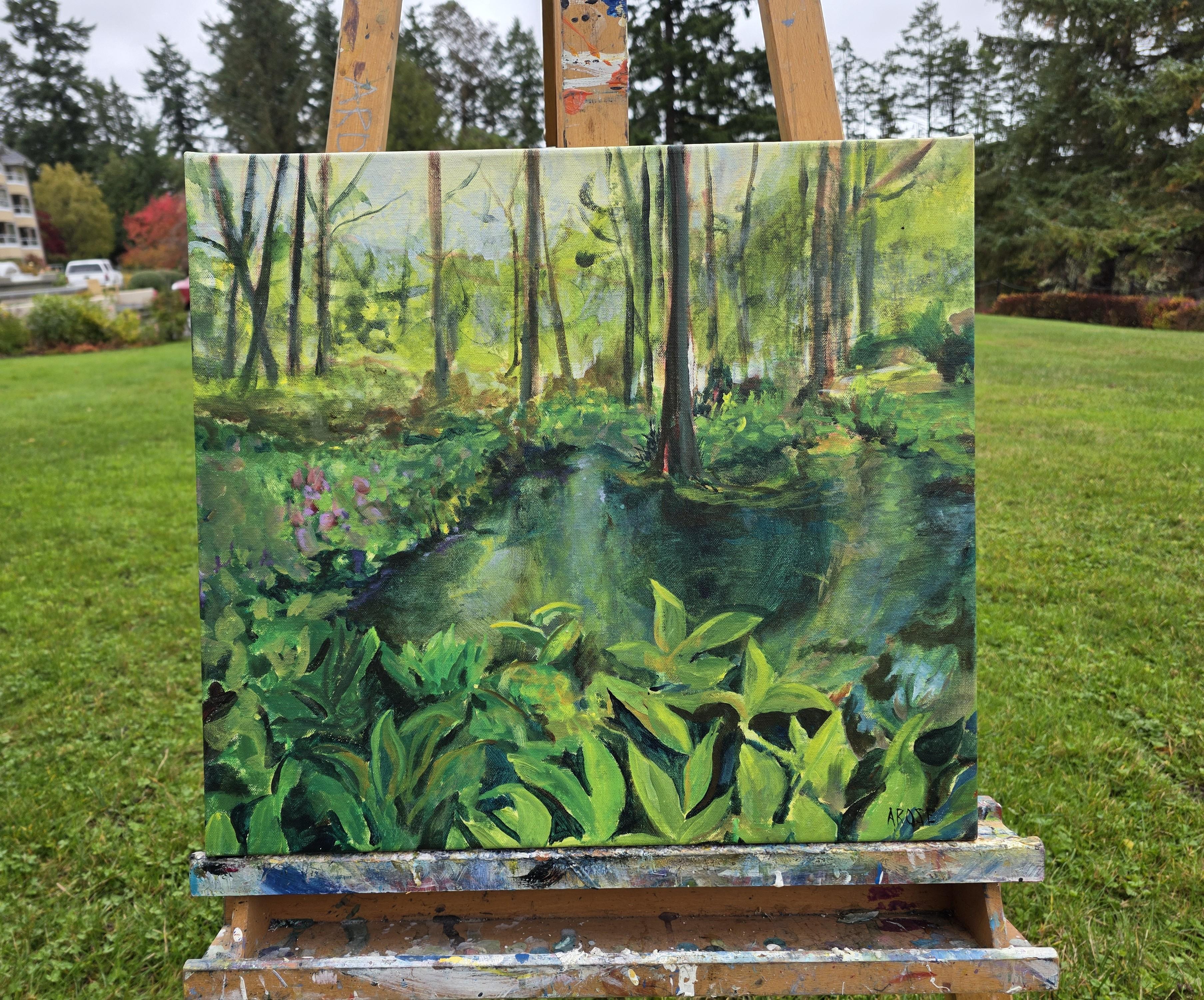 <p>Commentaires de l'artiste<br>Cette peinture représente une forêt paisible avec un bassin d'eau central, dont la surface reflète la verdure environnante. De subtils changements de lumière créent un sentiment de profondeur et de calme, invitant le