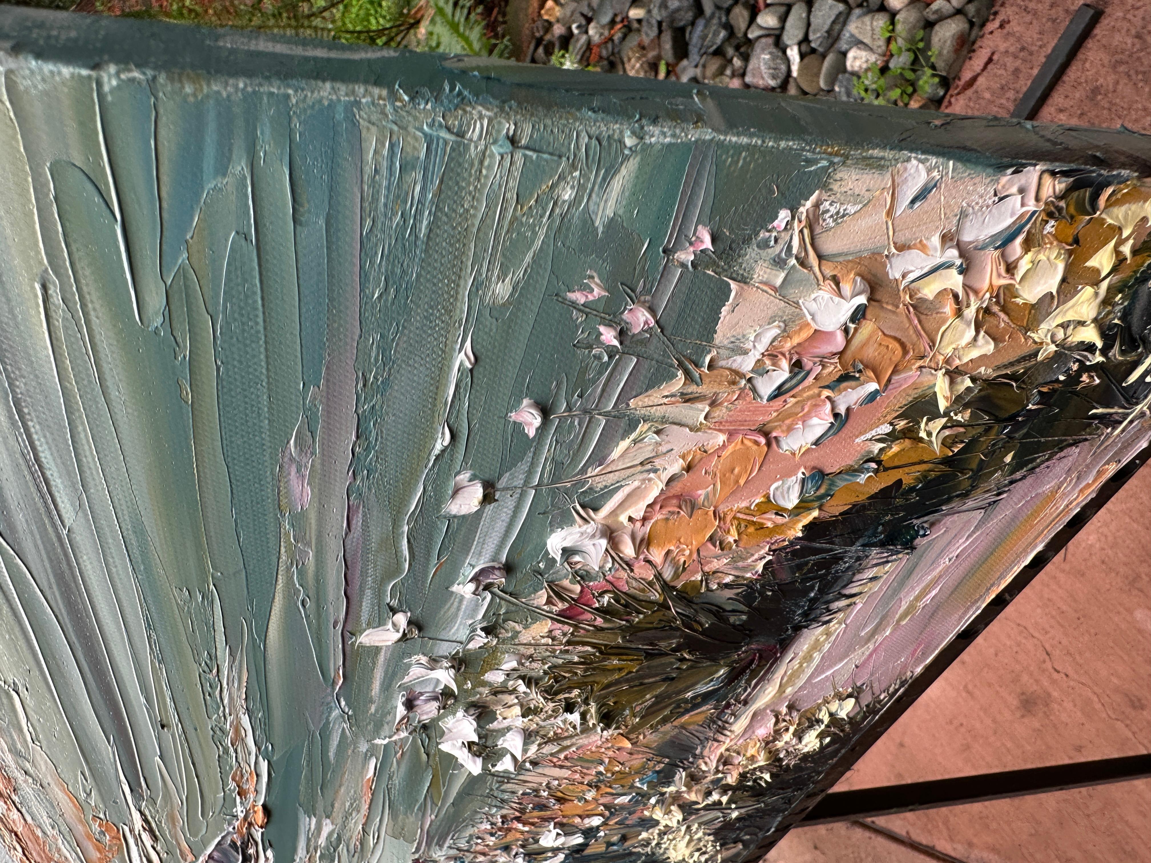 Where the Wildflowers Wait, Oil Painting - Gris Landscape Painting par Lisa Elley