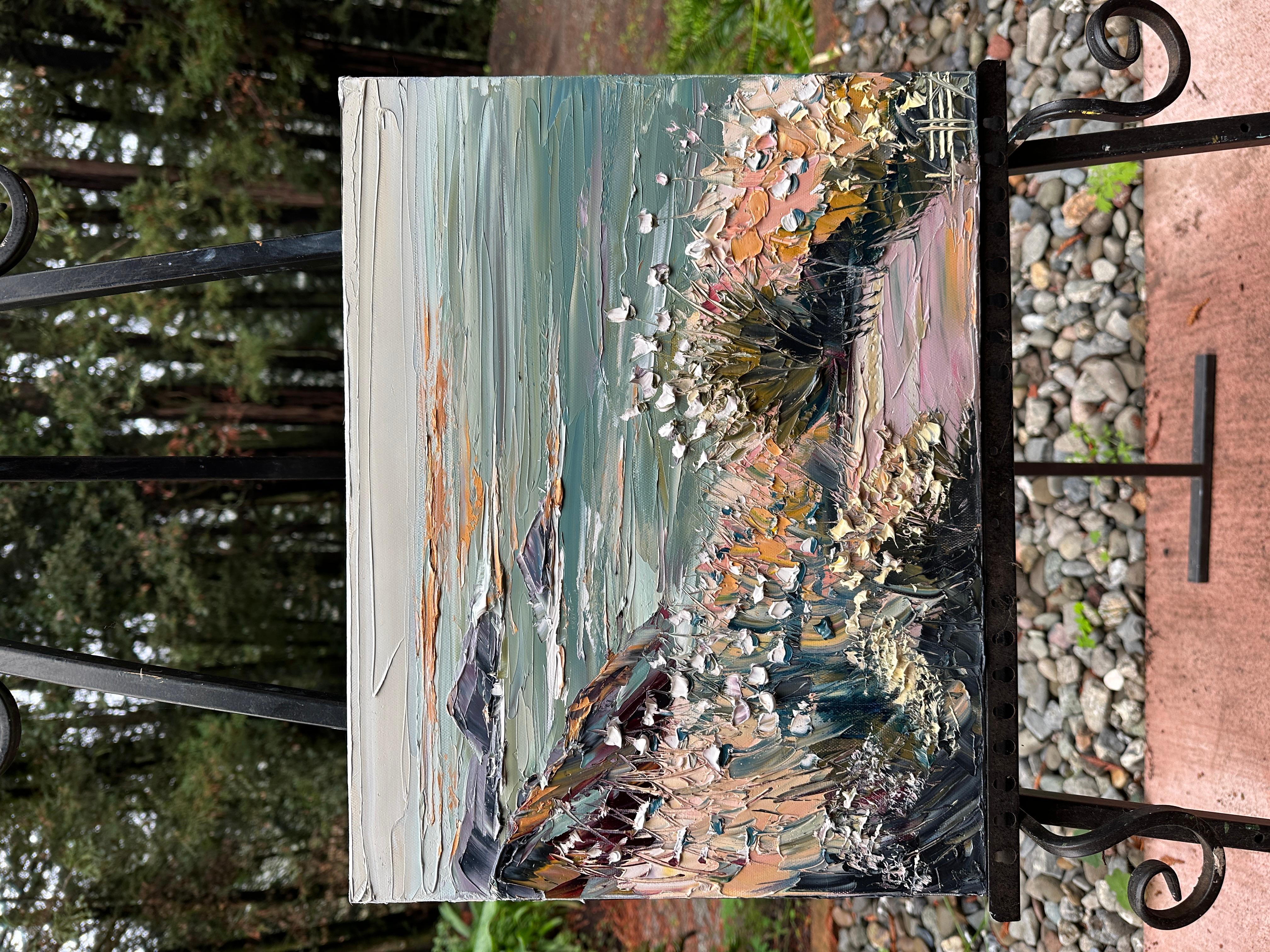 <p>Artist Comments<br>Artist Lisa Elley captures the luminous quality of the California coast through her signature textured palette knife painting. Wildflowers cluster along the cliff in the foreground while waves crash on the rocks below. The