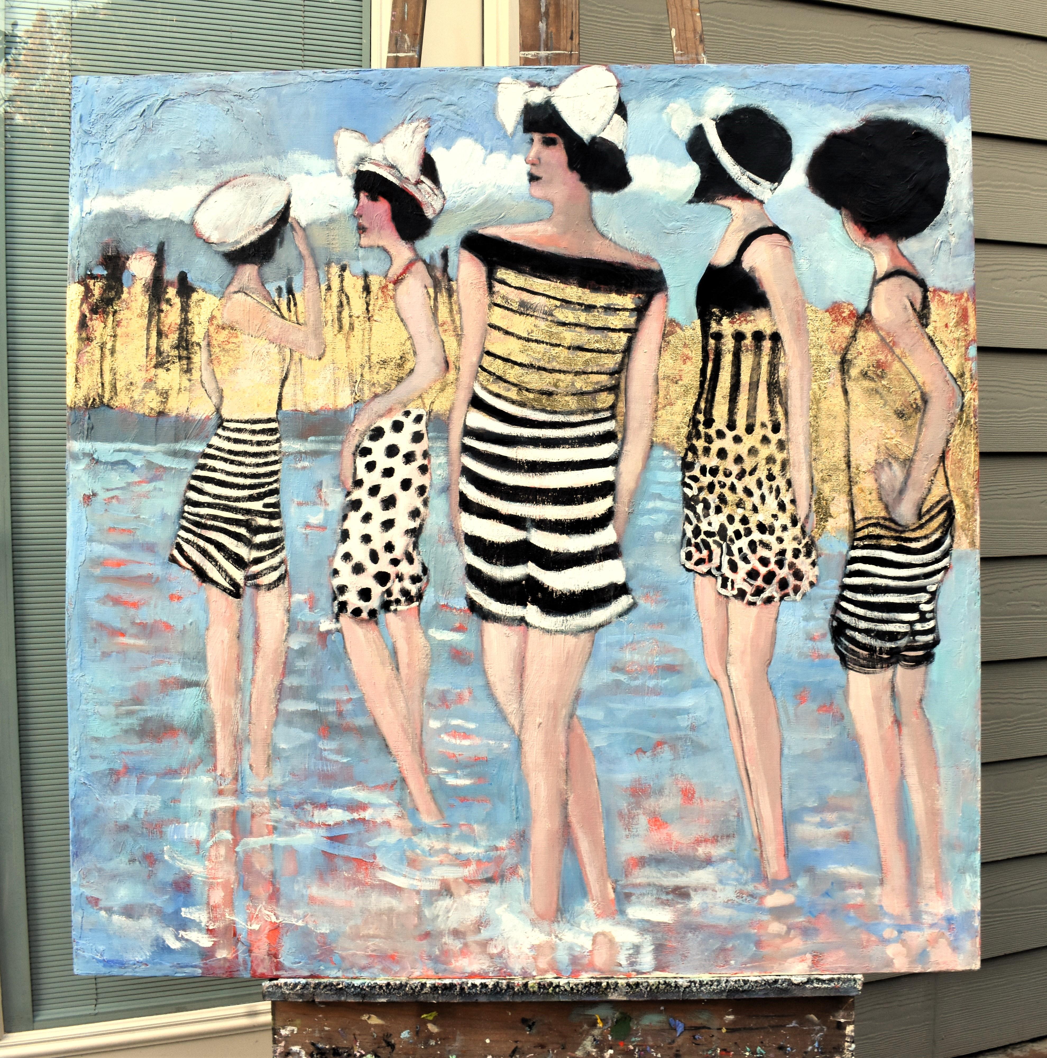 <p>Artist Comments<br>Artist Mary Pratt presents a vibrant coastal scene featuring a group of women gathered in the water. Their vintage bathing attire, rendered in rhythmic stripes and sun-warmed tones, reflects the elegance of early seaside