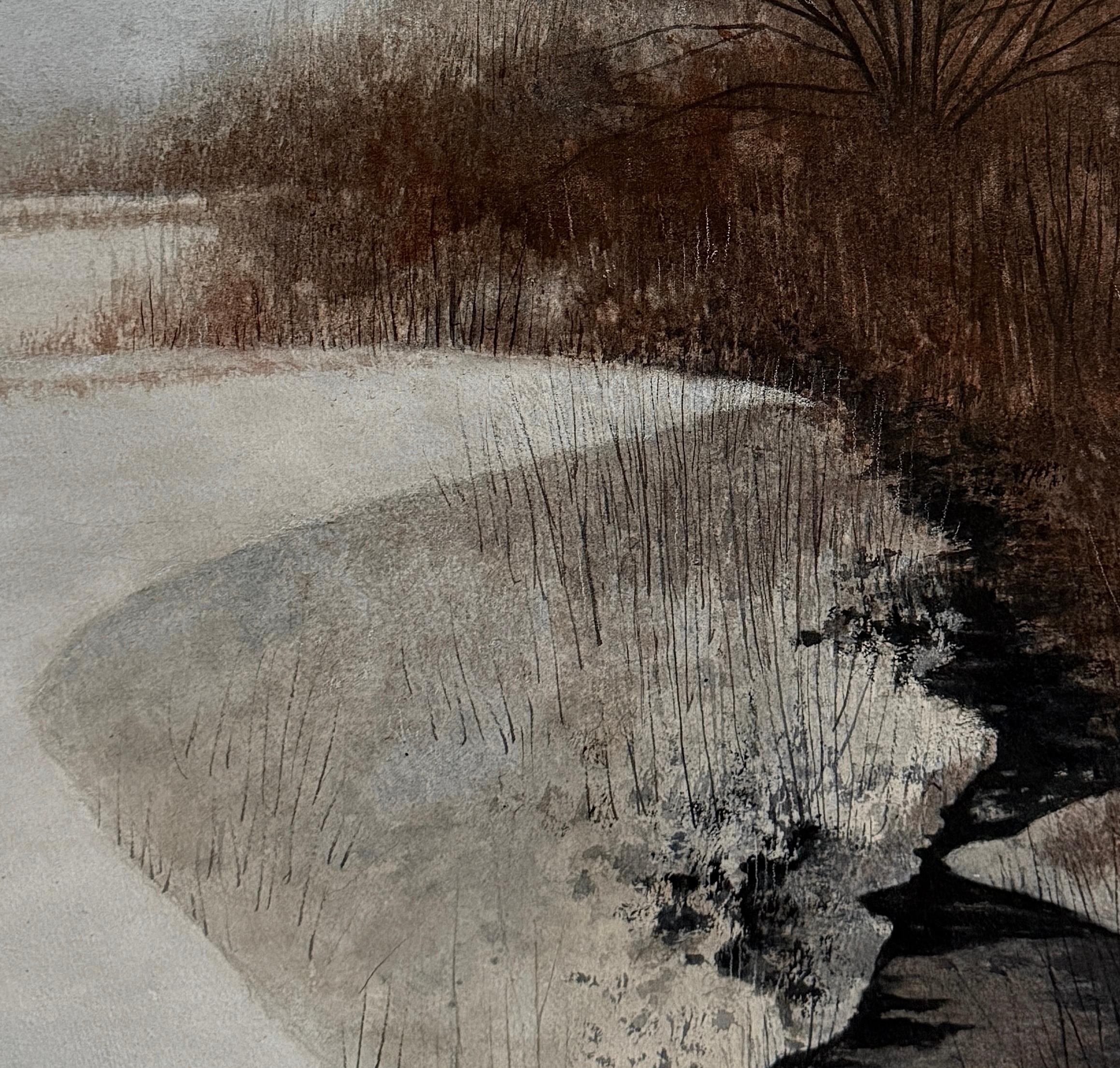 Ruisseau silencieux, peinture originale - Gris Landscape Art par Vic Roschkov