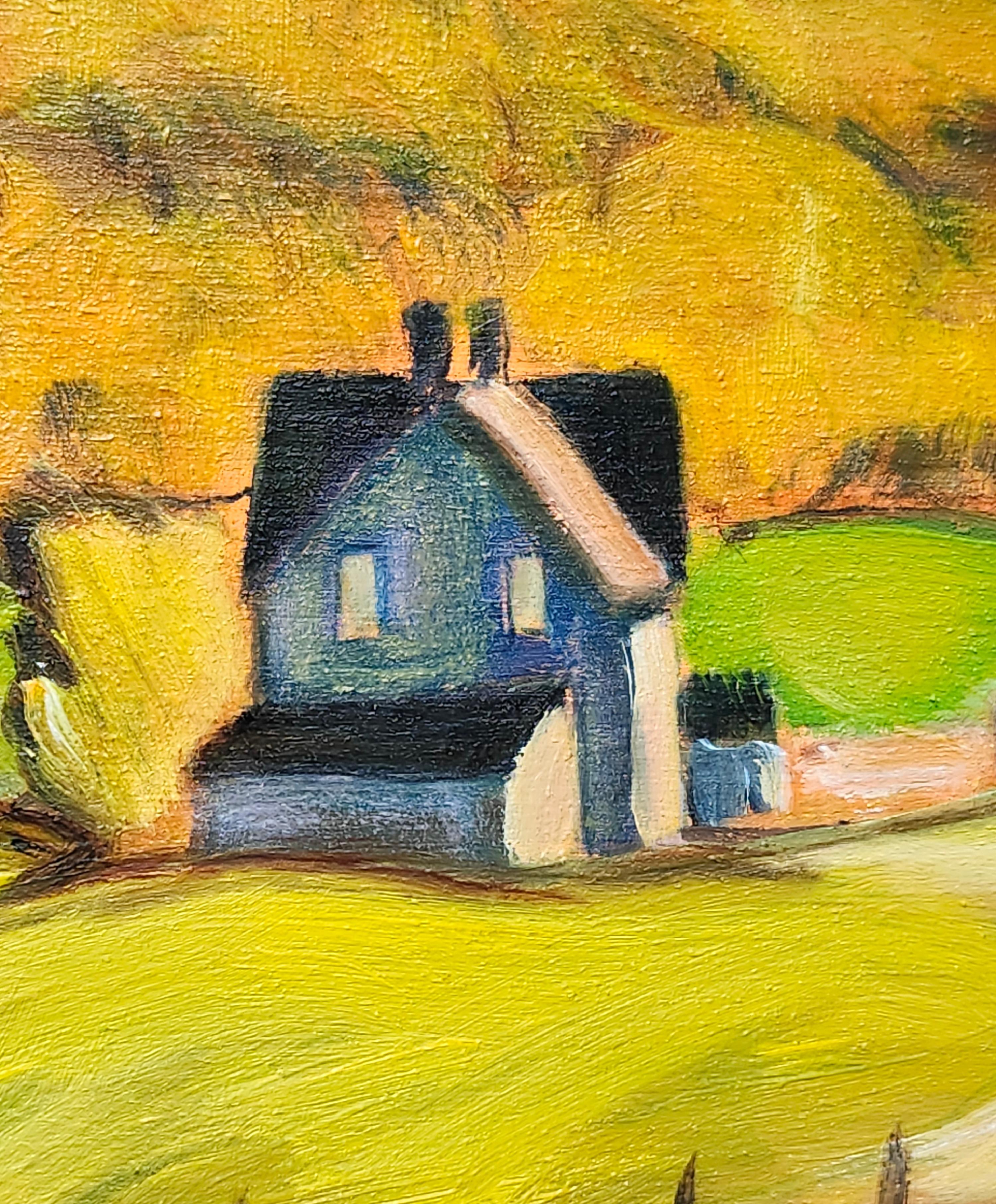 <p>Comentarios del artista<br>Dos graneros descansan en una tranquila granja, rodeados de los colores del otoño. La mañana nublada suaviza los tonos cálidos de las onduladas colinas. La escena capta el sereno paisaje del condado de York,