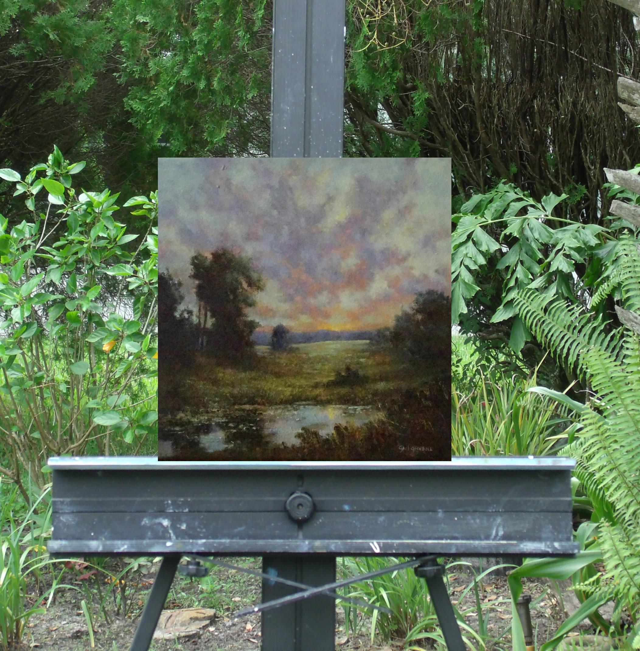 <p>Kommentare des Künstlers<br>Das letzte Licht des Tages tanzt zu seinem eigenen farbigen Rhythmus über einem ruhigen Tal. Grüntöne glitzern in der Dämmerung, wenn die Abenddämmerung über dem Teich schwebt. Die Szene ruft eine ruhige und