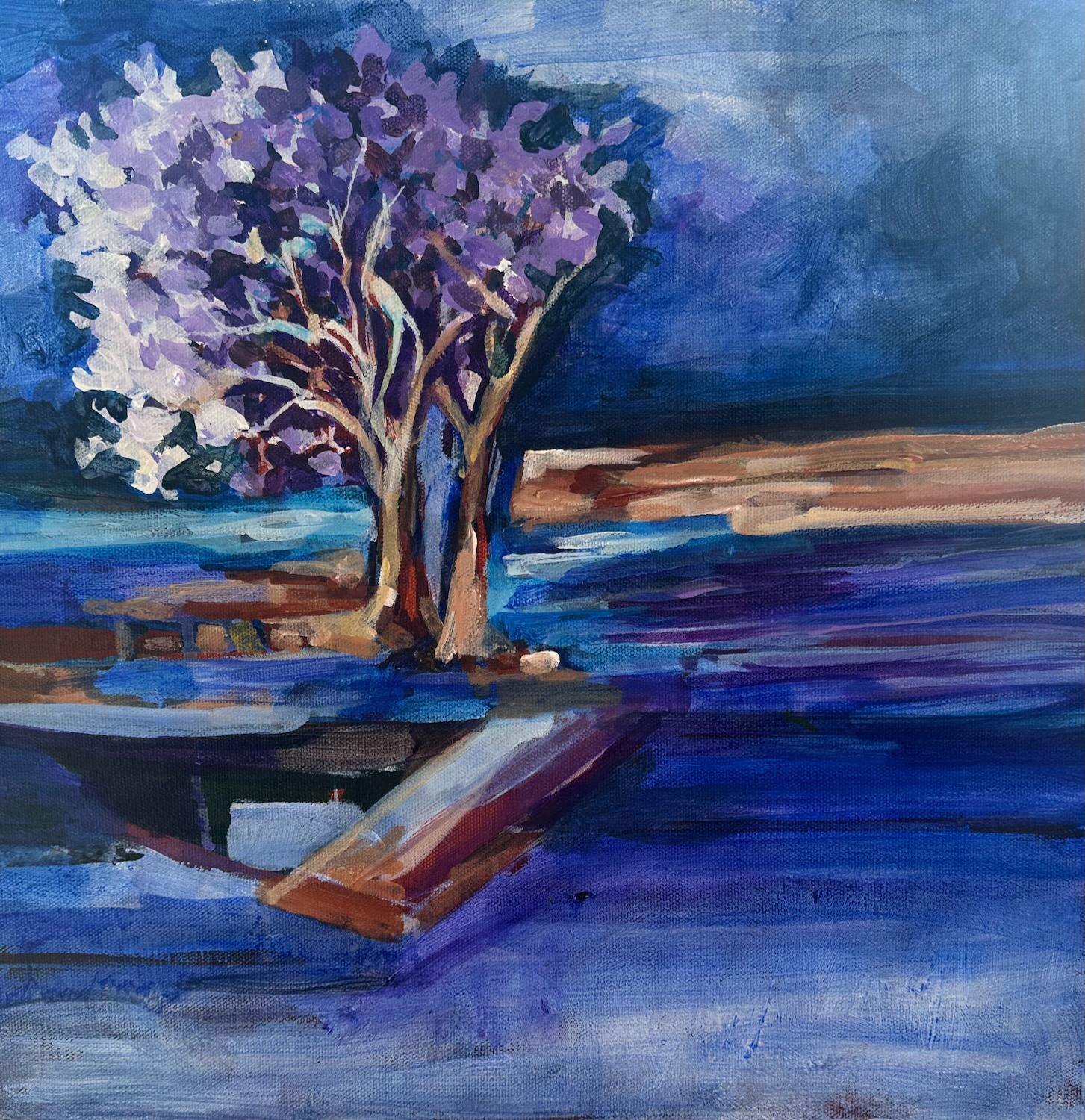 Snowy Cherry Blossoms at Night, Original Painting