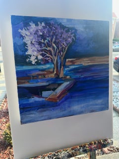 Cerisiers en fleurs enneigés la nuit, peinture originale